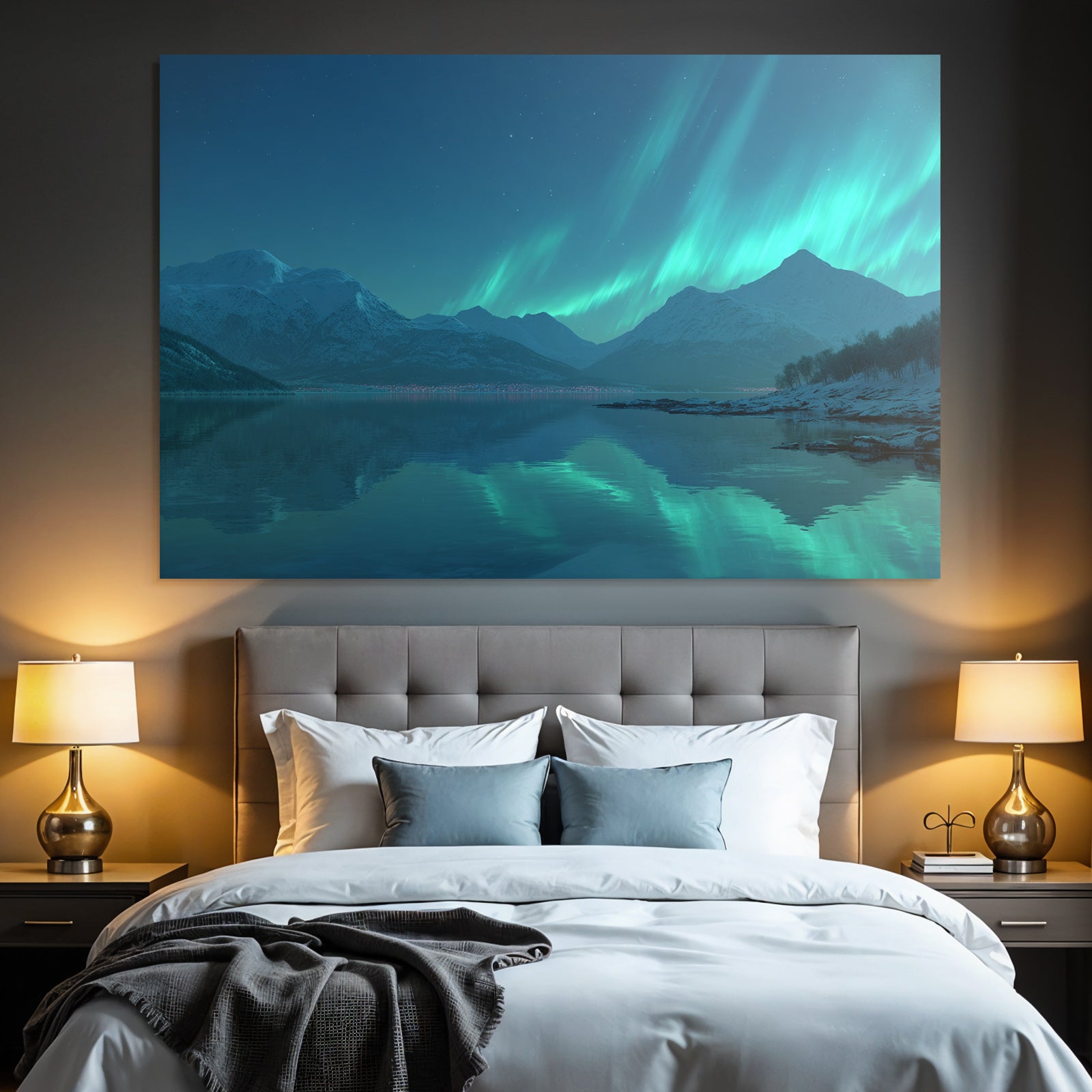 Polarlicht Schneebedeckte Berge Ruhe Im Wasser Aurora Borealis Nacht Szene | Fjorde und Gletscher | Landschaften