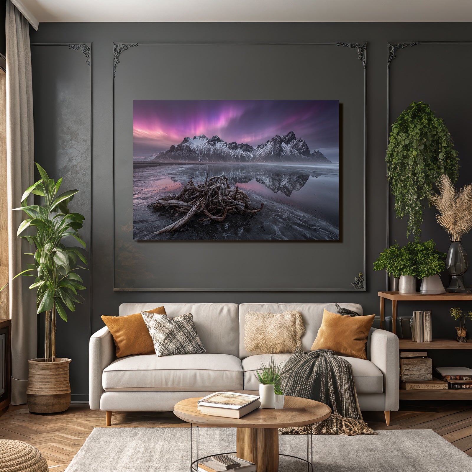 Polarlicht Schneebedeckte Berge Reflexion Im Wasser Atemberaubende Landschaft Sonnenaufgang Sonnenuntergang | Fjorde und Gletscher | Landschaften