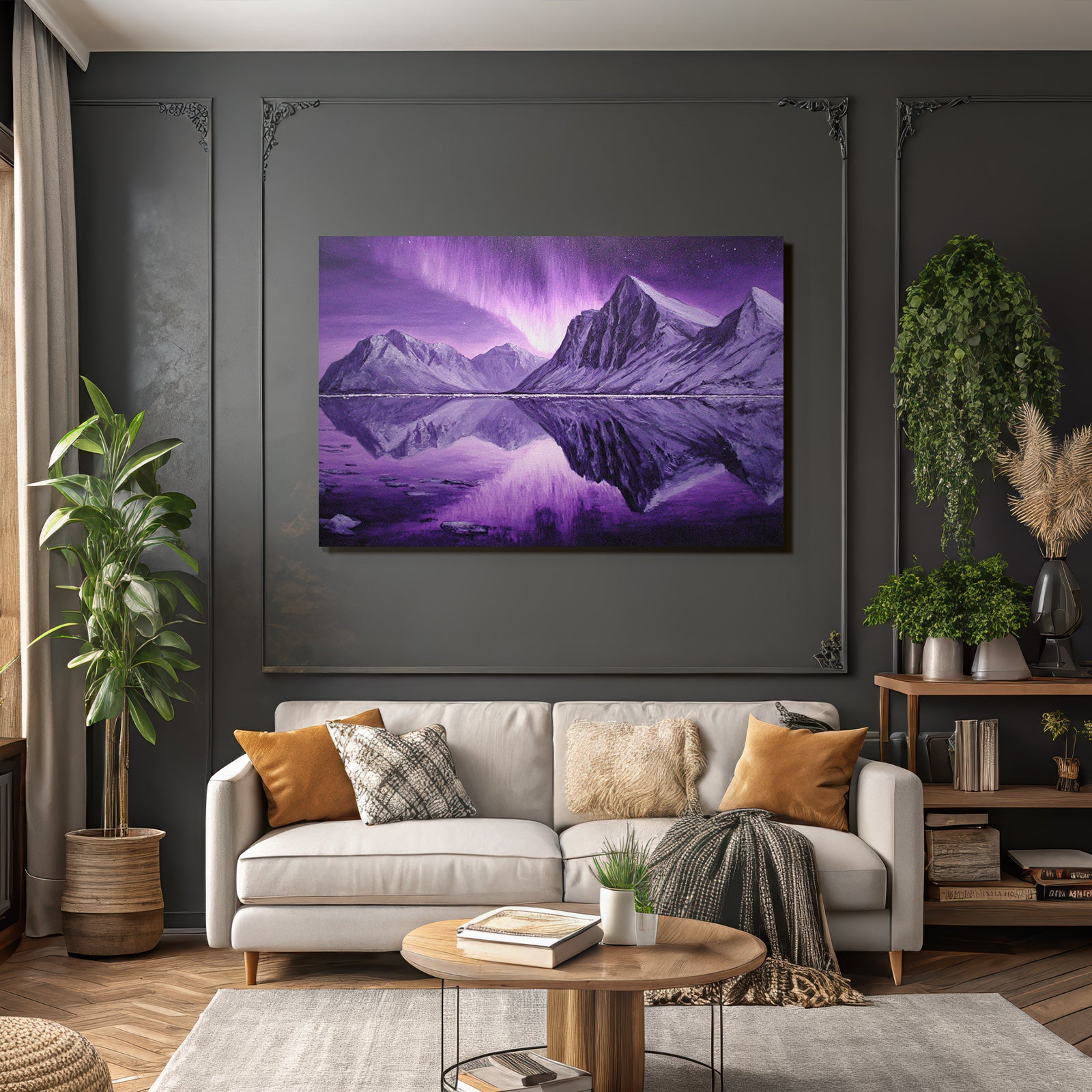 Polarlicht Berglandschaft Mit Aurora Borealis Reflexionen | Fjorde und Gletscher | Landschaften