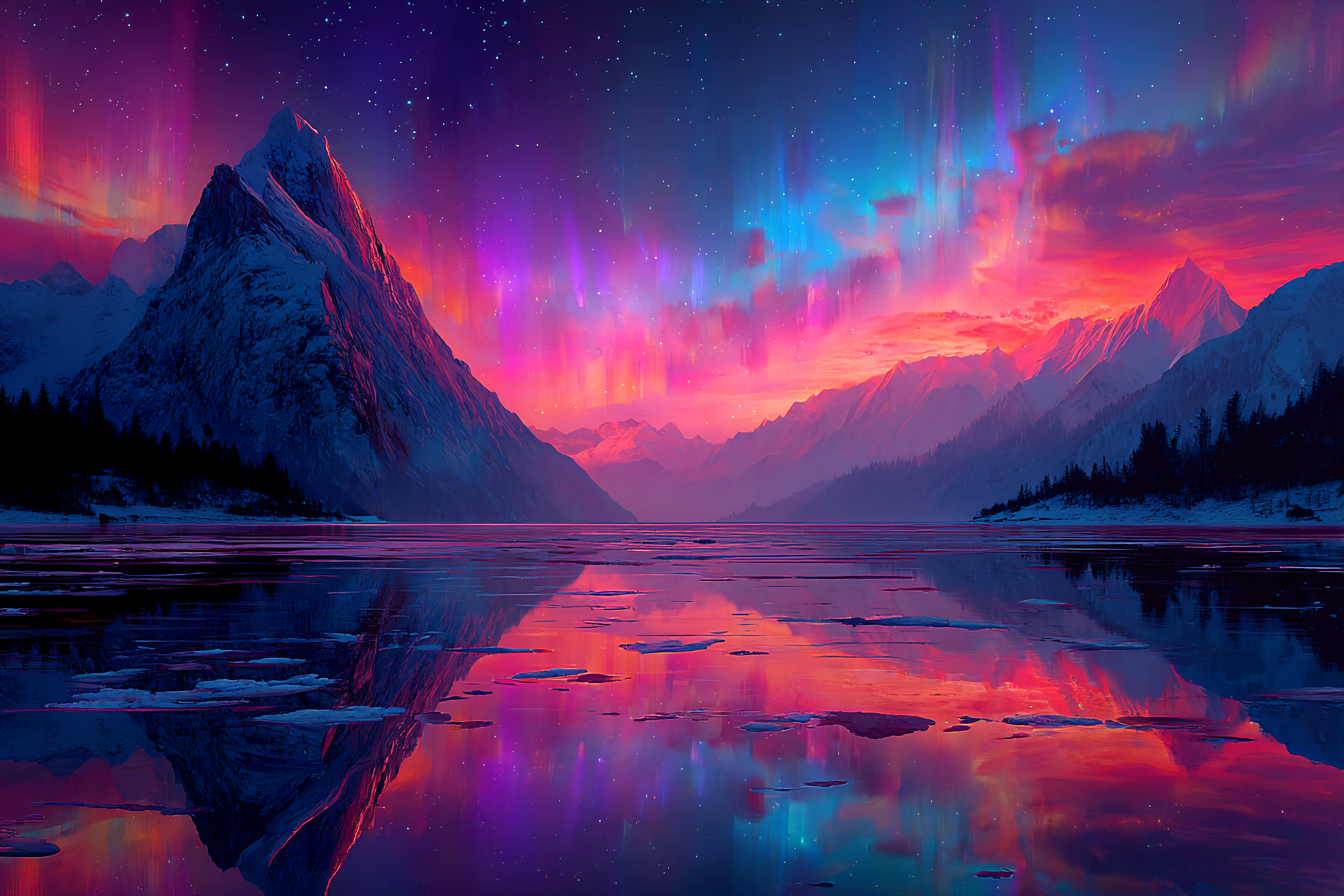 Polarlicht Schneebedeckte Berge Und Auroren Reflektiertes Wasser Twilight Szenen | Fjorde und Gletscher | Landschaften