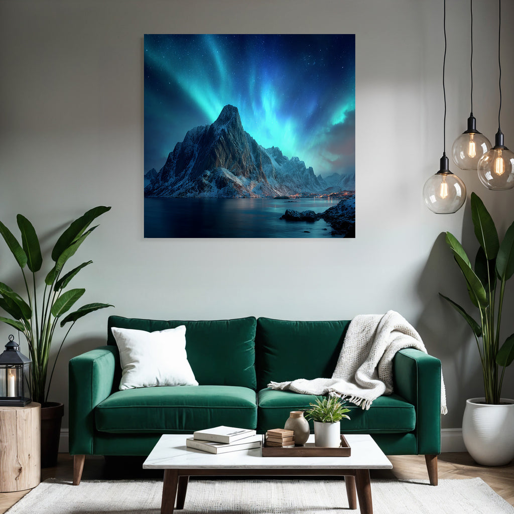 Polarlicht Mountainlandschaft Nacht Himmel Nordlichter Schneebedeckte Spitzen Wasser Reflection | Fjorde und Gletscher | Landschaften