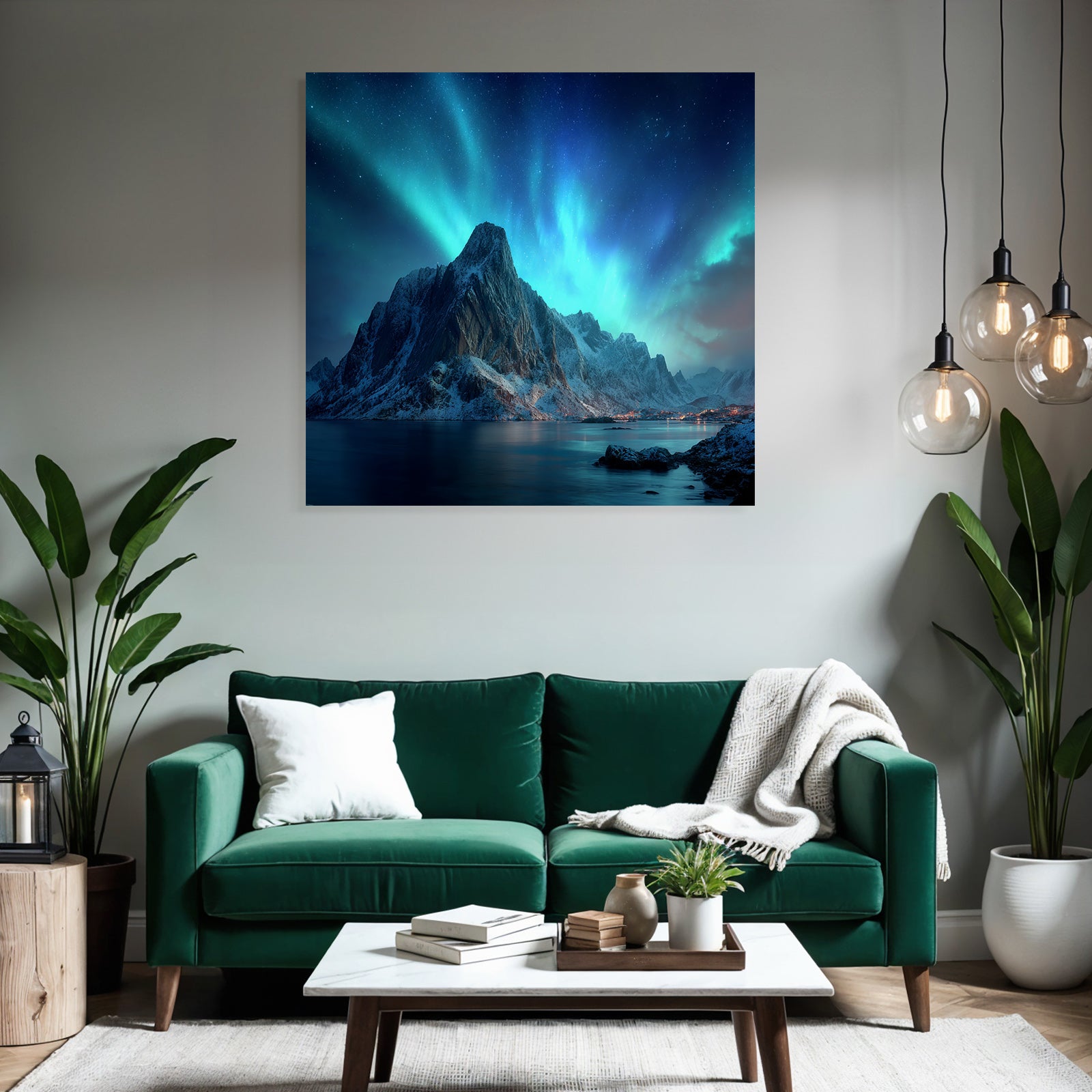 Polarlicht Mountainlandschaft Nacht Himmel Nordlichter Schneebedeckte Spitzen Wasser Reflection | Fjorde und Gletscher | Landschaften