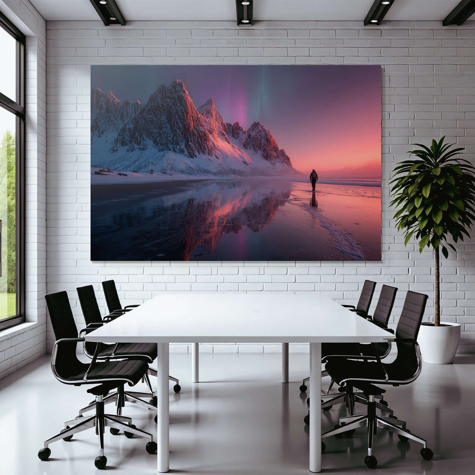 Polarlicht Schneebedeckte Berge Aurora Borealis Reflektierender Strand Pittoreske Szene | Fjorde und Gletscher | Landschaften