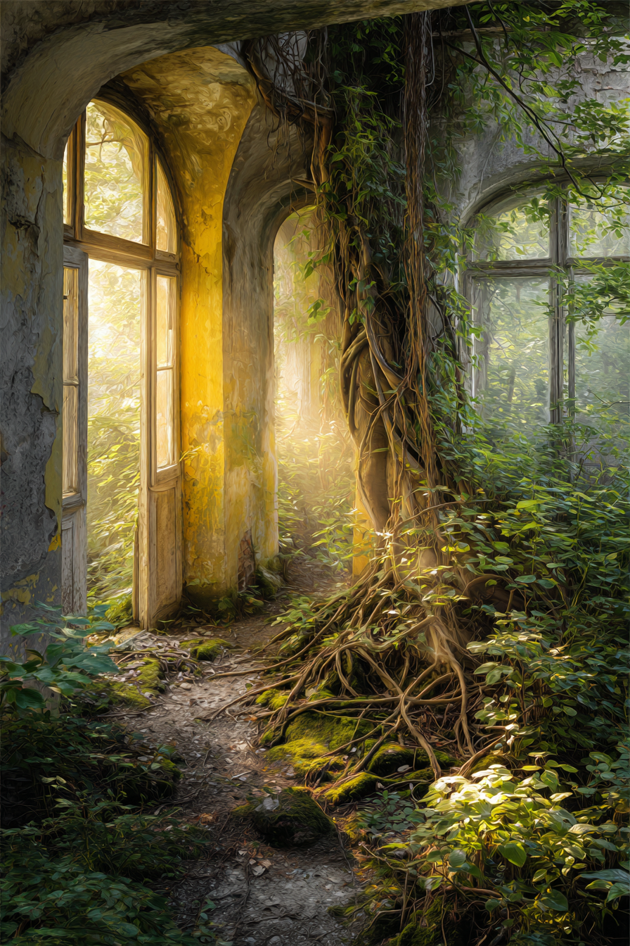 Verlassener Innenraum Von Natur Übernommen Sonne Schimmert Durch Fenster | Lost Places | Architektur