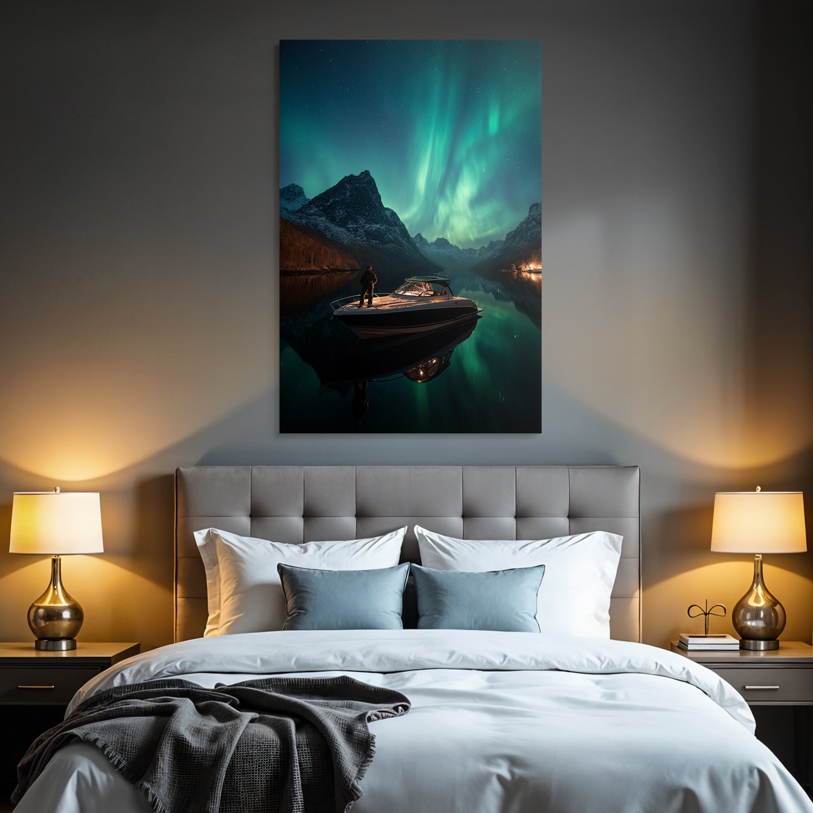 Polarlicht Nachtlandschaft Boote Aurora Sterne Reflexion | Fjorde und Gletscher | Landschaften