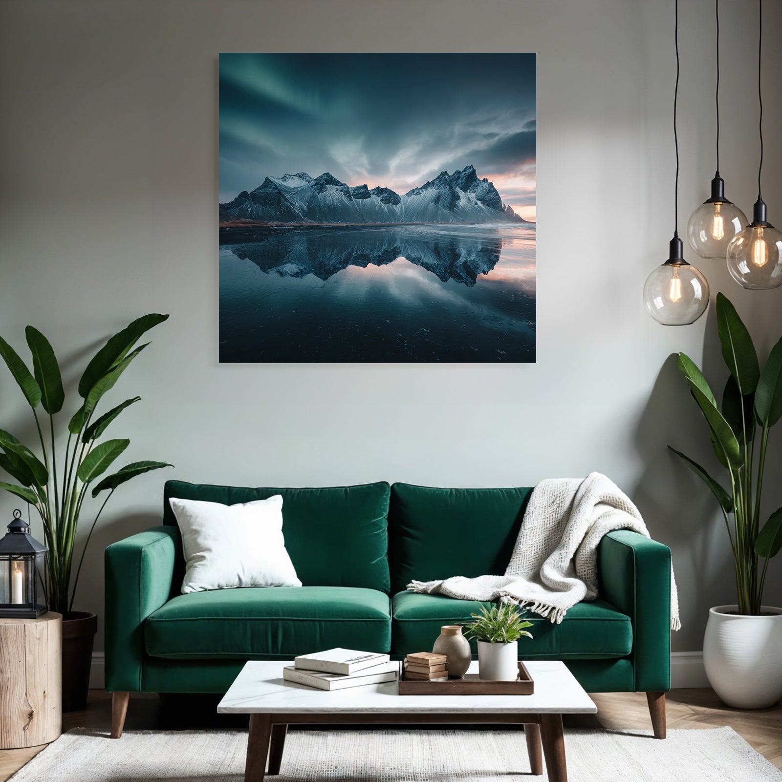 Polarlicht Dramatische Landlandschaft Mit Bergen Und Aurora Borealis | Fjorde und Gletscher | Landschaften