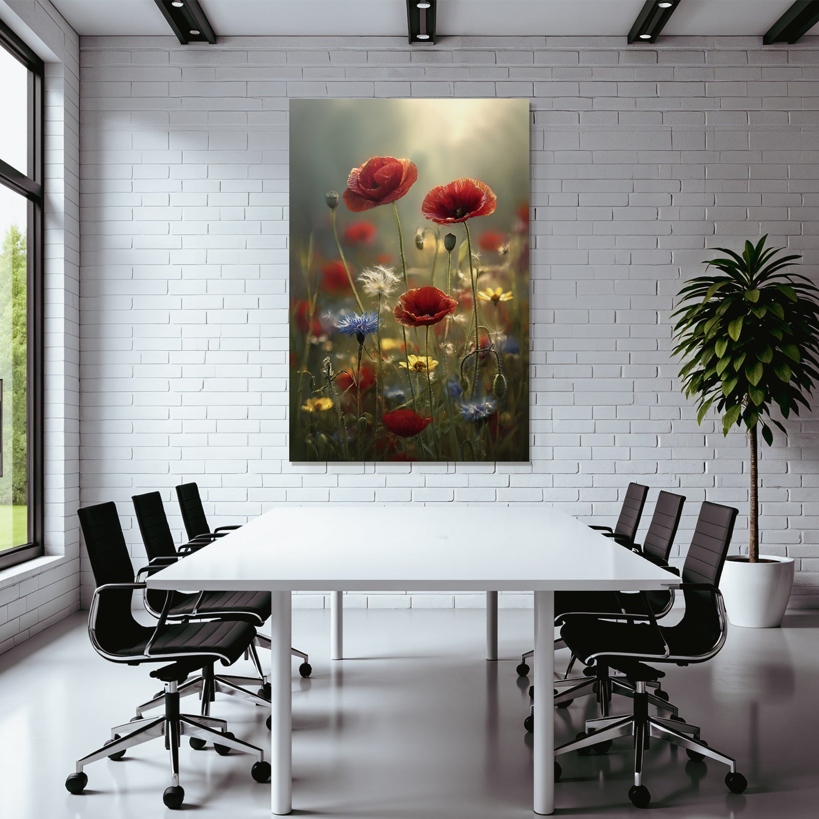 Leuchtendes Feld Mit Roten Mohn Und Blaün Gelben Blüten