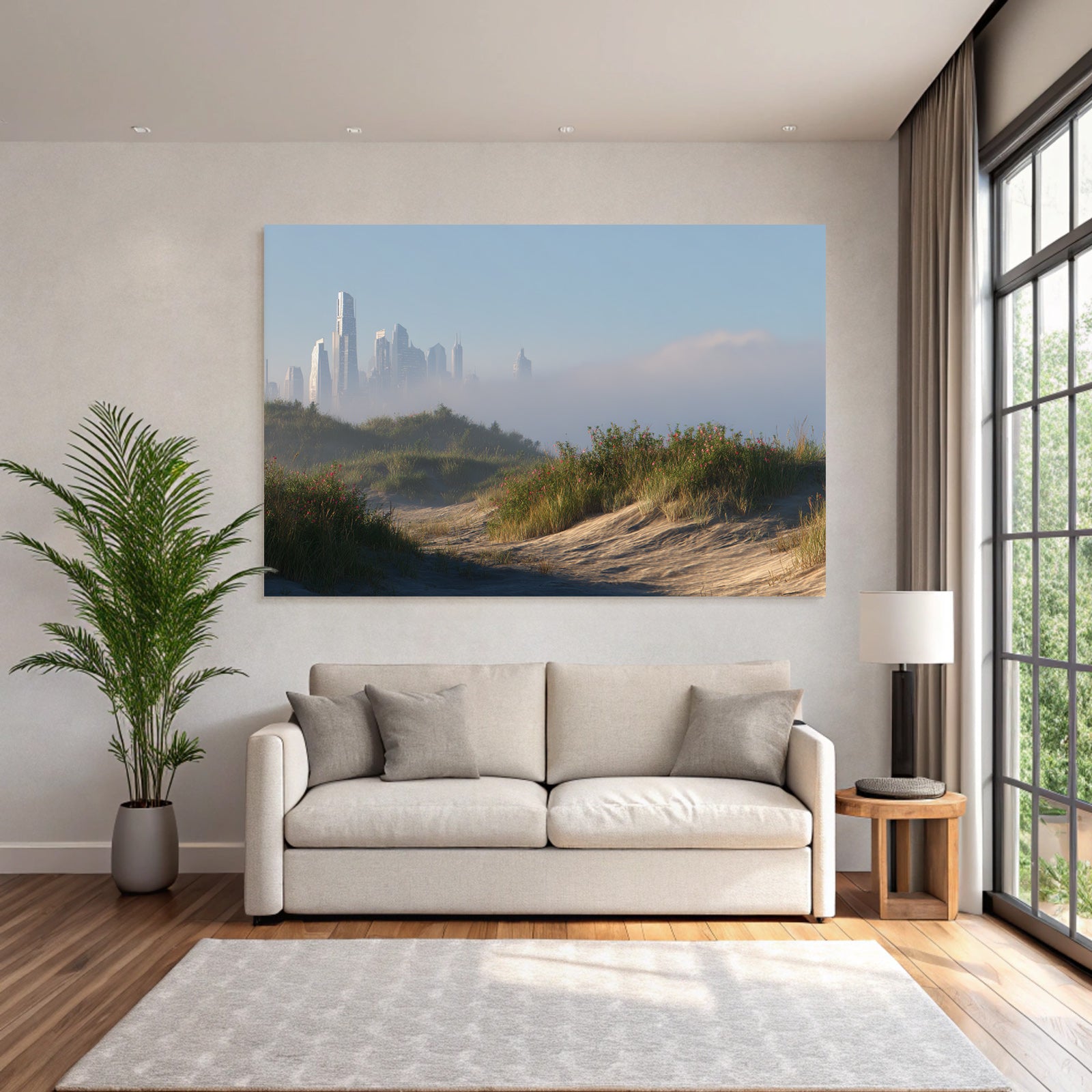 Ruhige Landschaft Sanddünen Und Futuristische Stadt Skyline | Duenen und Heide | Landschaften