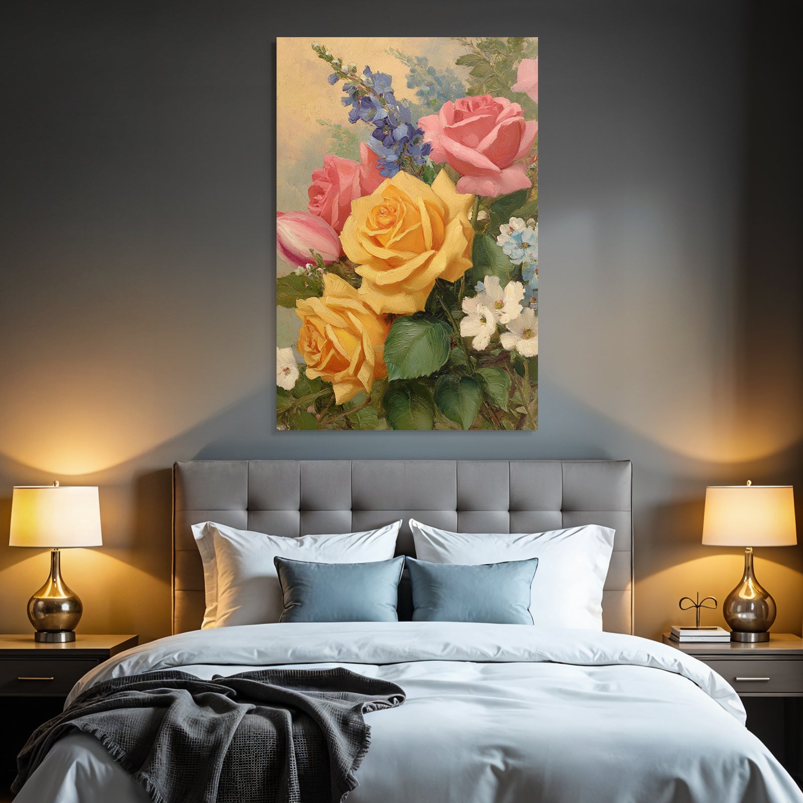 Wunderschöne Lebendige Gesteck Mit Rosen In Gelb Rosa Und Blüten Vor Hellem Hintergrund
