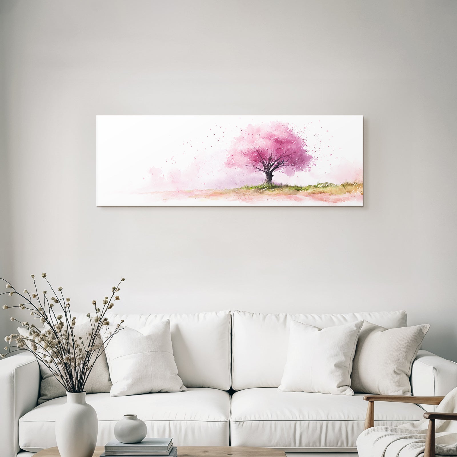Zartes Aquarell Eines Rosa Kirschbaums Mit Gras