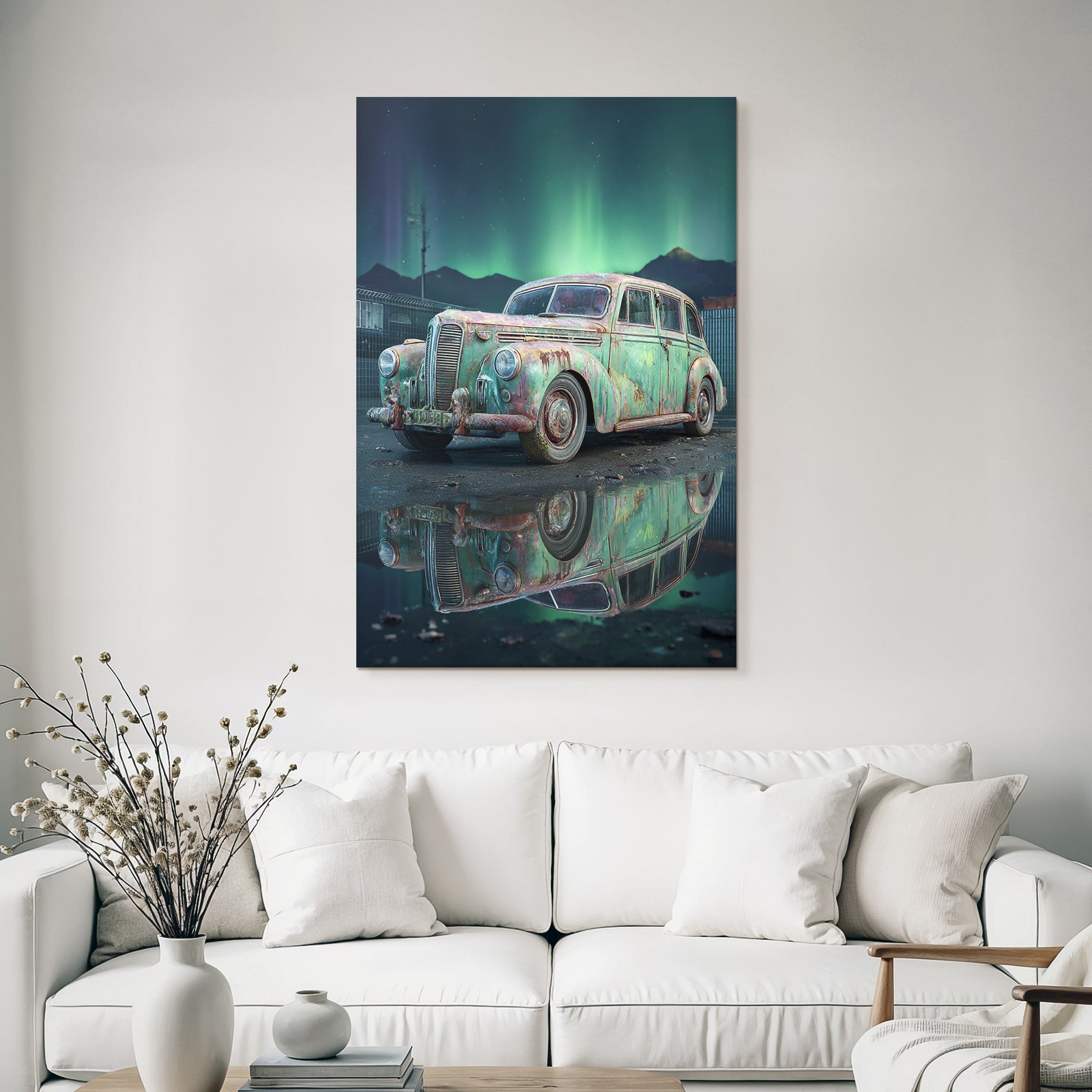 Polarlicht Alte Vintage Autos Schneelandschaft Northern Lights Reflexion In Pfütze | Fjorde und Gletscher | Landschaften