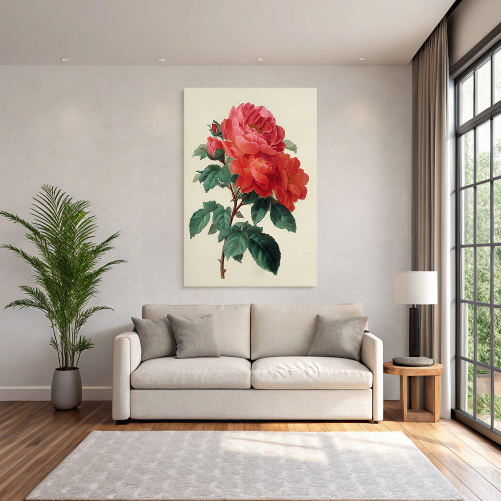 Botanische Illustration Roter Rosen Im Vollblute Mit Blütenknospen Und Grünen Blättern