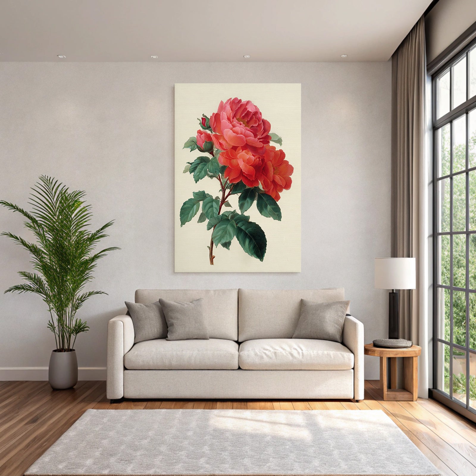 Botanische Illustration Roter Rosen Im Vollblute Mit Blütenknospen Und Grünen Blättern