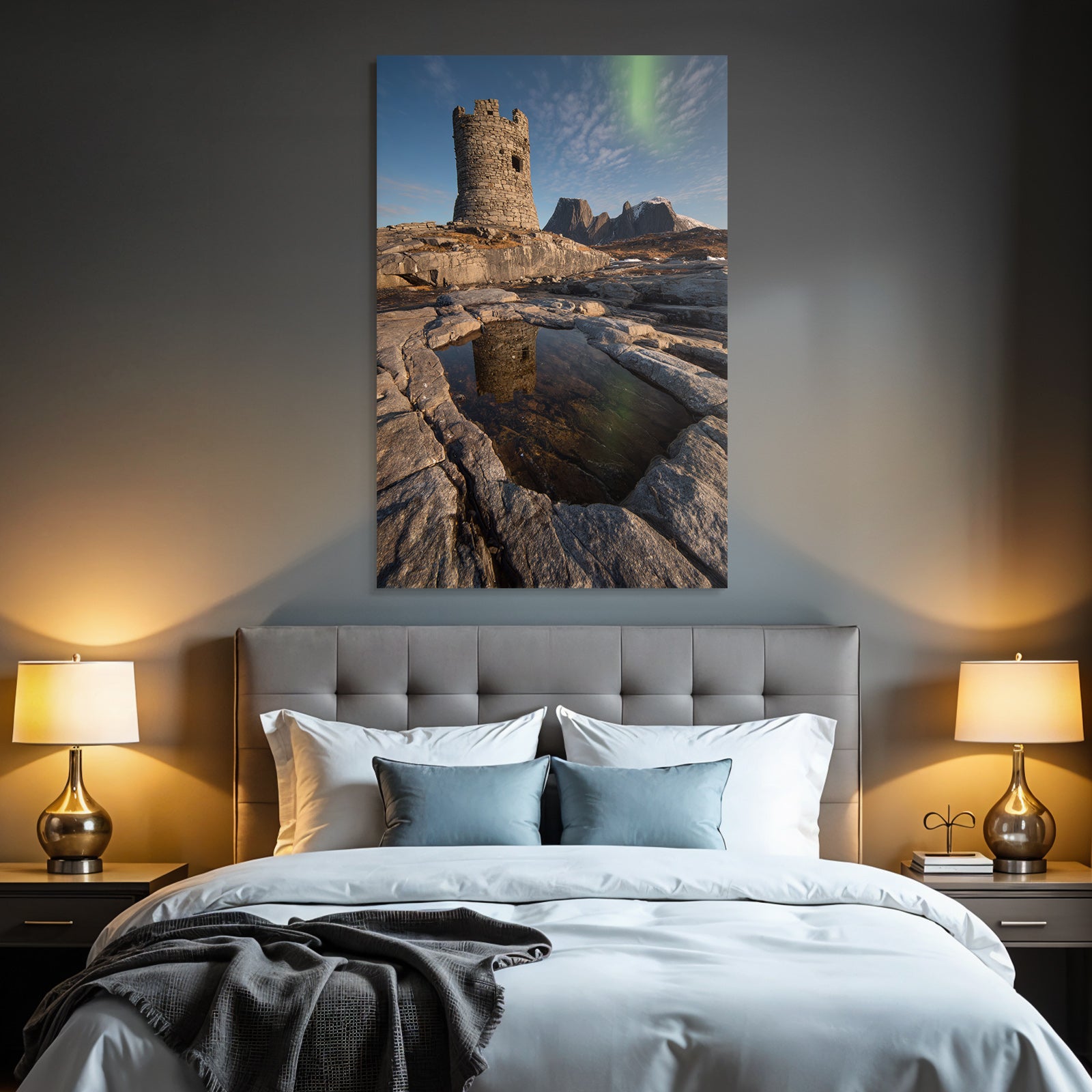 Polarlicht Stein Turm In Rugged Landscape Mit Aurora Borealis Reflektierender Pool | Fjorde und Gletscher | Landschaften