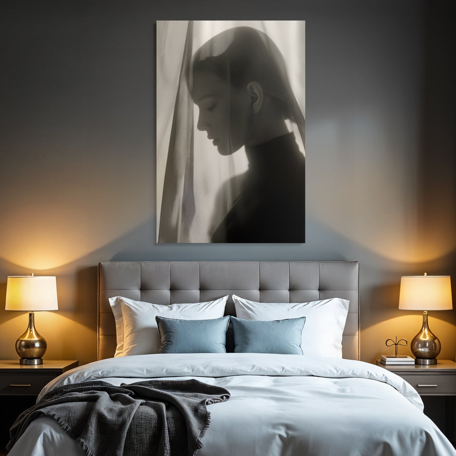 Monochrome Portrait Mit Sheer Stoff Introspektiv Lichtspiel | Aktkunst und Sinnlichkeit | Menschen und Emotionen