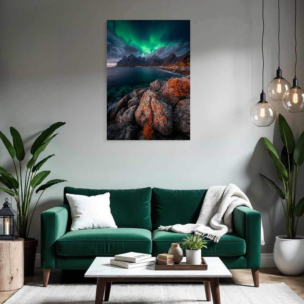 Polarlicht Dramatische Berge Northern Lights Stimmungsvolle Landschaft | Fjorde und Gletscher | Landschaften