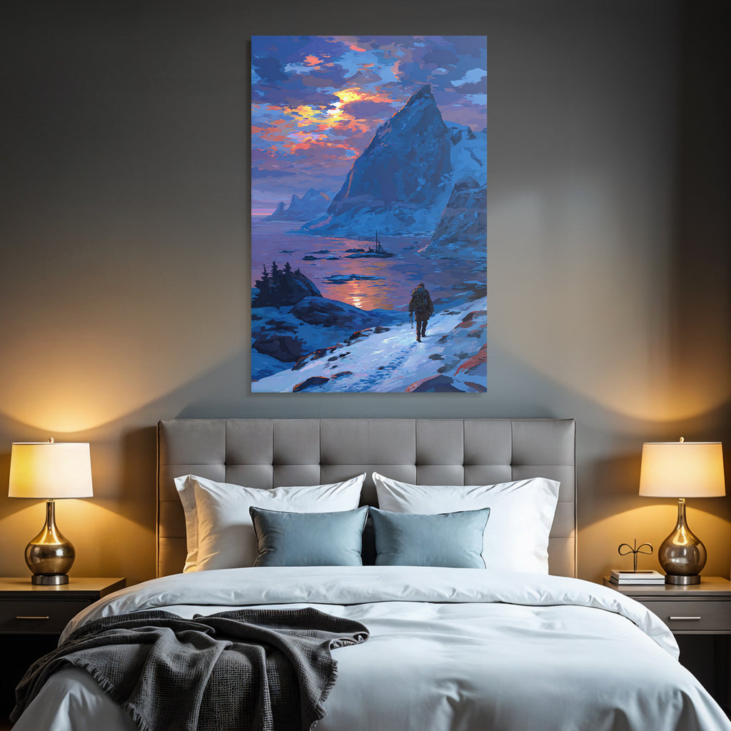 Polarlicht Schneepfad Im Sonnenaufgang Mit Berglandschaft Und Wasser | Fjorde und Gletscher | Landschaften