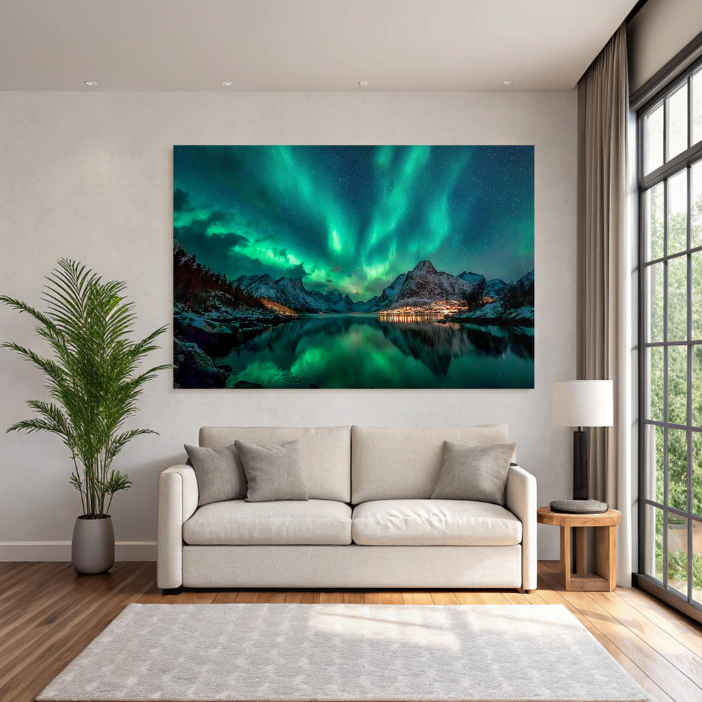 Polarlicht Nordlichter Bergreise Und Sternenhimmel Reflexion Auf Wasser | Fjorde und Gletscher | Landschaften