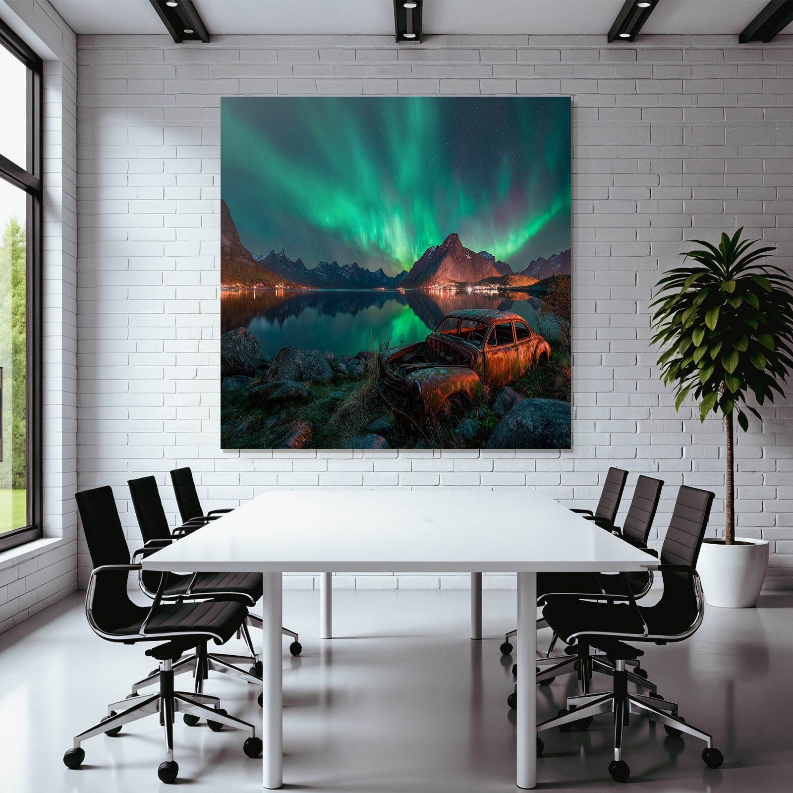 Polarlicht Nordlichter Und Rustiges Auto Am See Mit Bergen Im Hintergrund | Fjorde und Gletscher | Landschaften