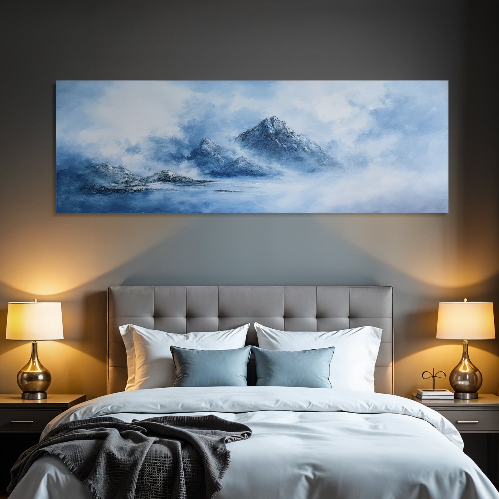 Polarlicht Ruhige Landschaft Mit Blaün Bergen Mit Nebel | Fjorde und Gletscher | Landschaften