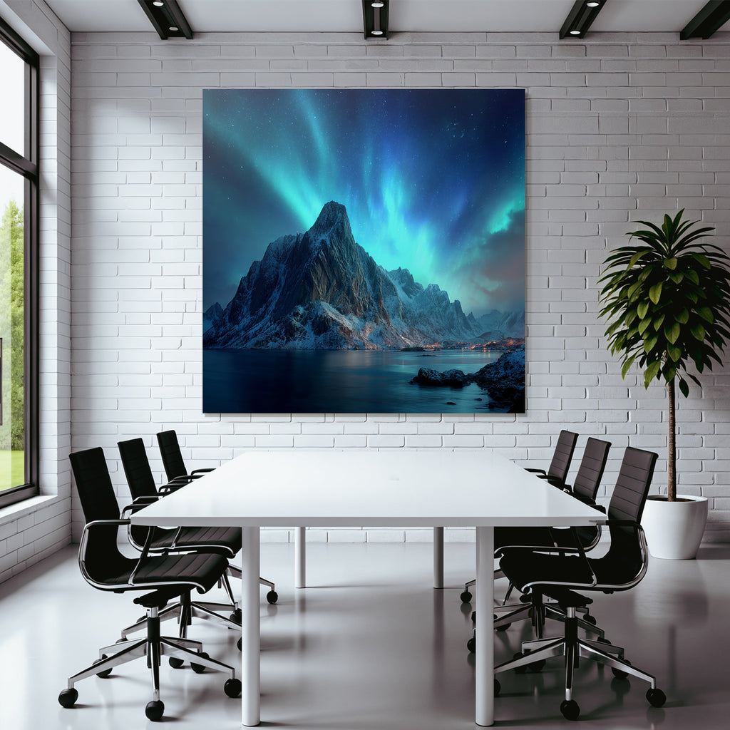 Polarlicht Mountainlandschaft Nacht Himmel Nordlichter Schneebedeckte Spitzen Wasser Reflection | Fjorde und Gletscher | Landschaften