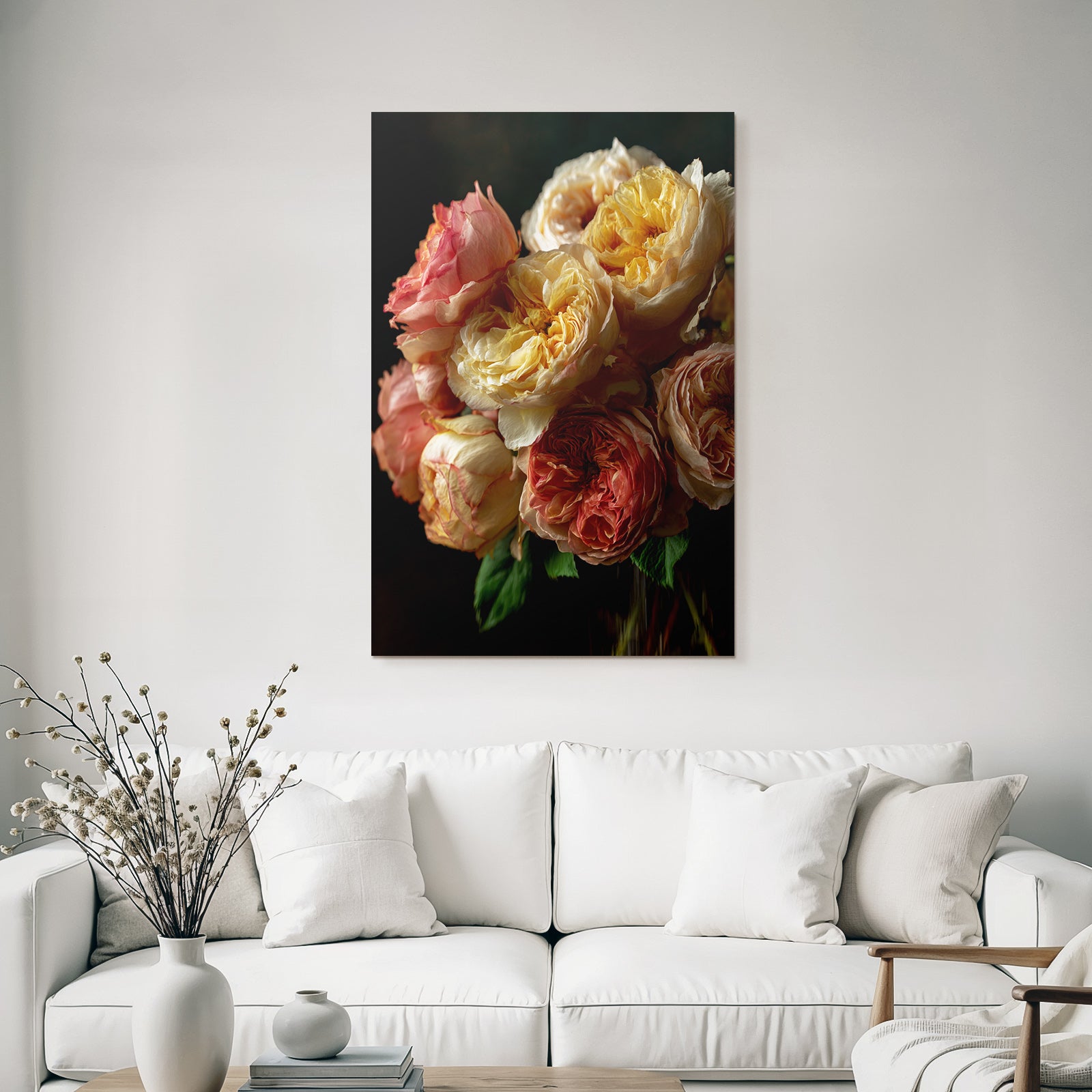 Nahaufnahme Eines Rosenstrausses In Pastellrosa Creme Und Gelb Auf Dunklem Hintergrund