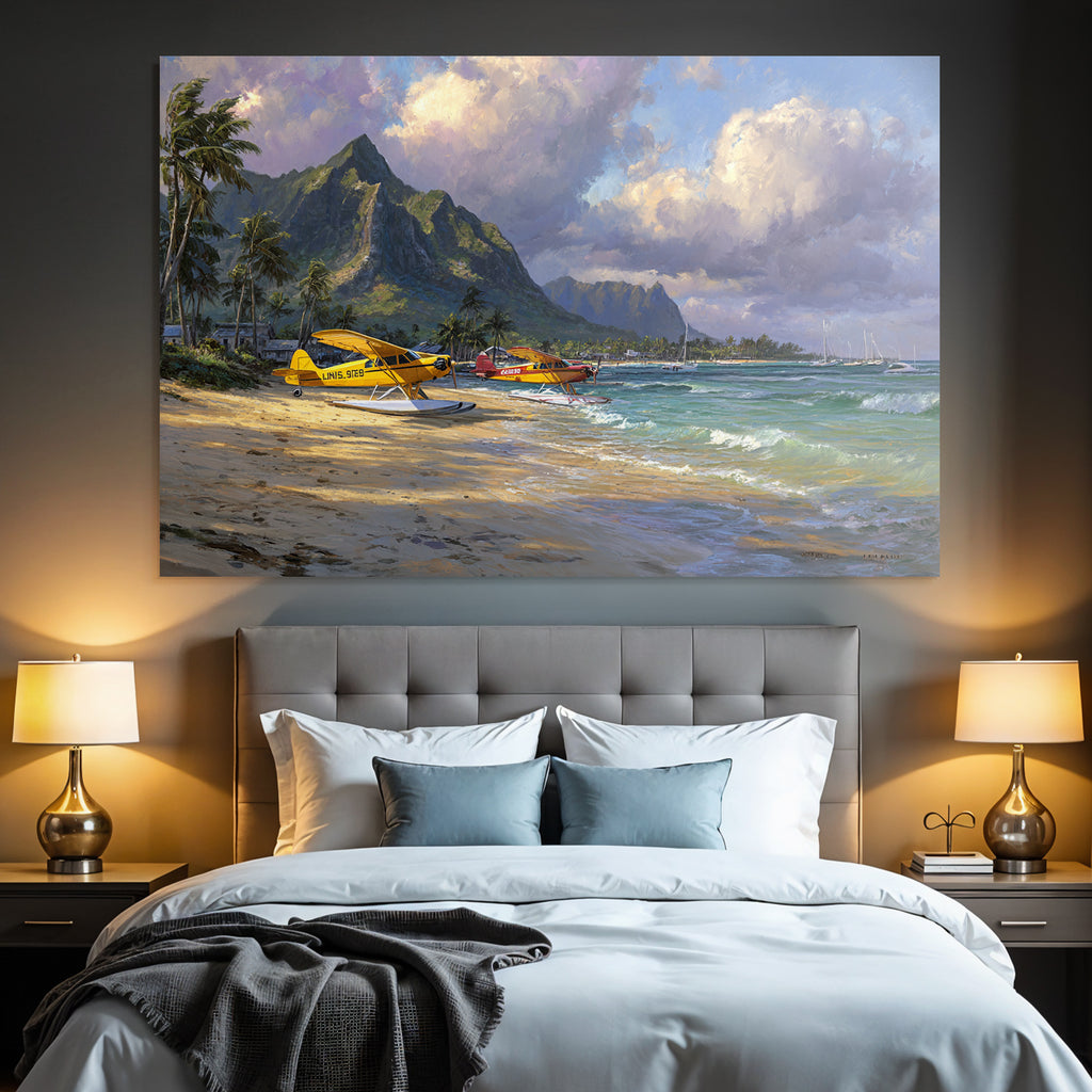Tropische Idylle Mit Seaplanes Und Palmbaeumen Beachlandscape | Flugzeuge | Mobilitaet und Technik