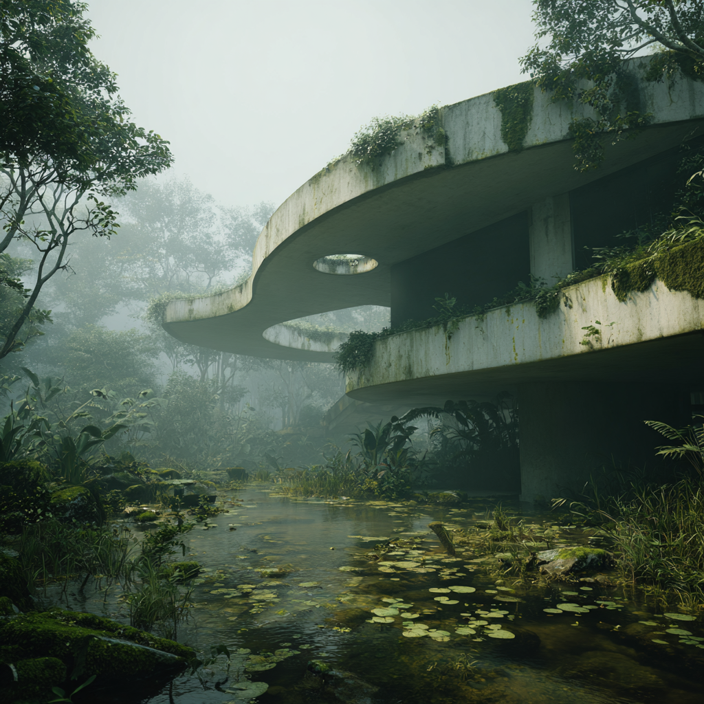 Abstrakte Architektonische Struktur Umschlossen Von Vegetation Und Nebel | Lost Places | Architektur