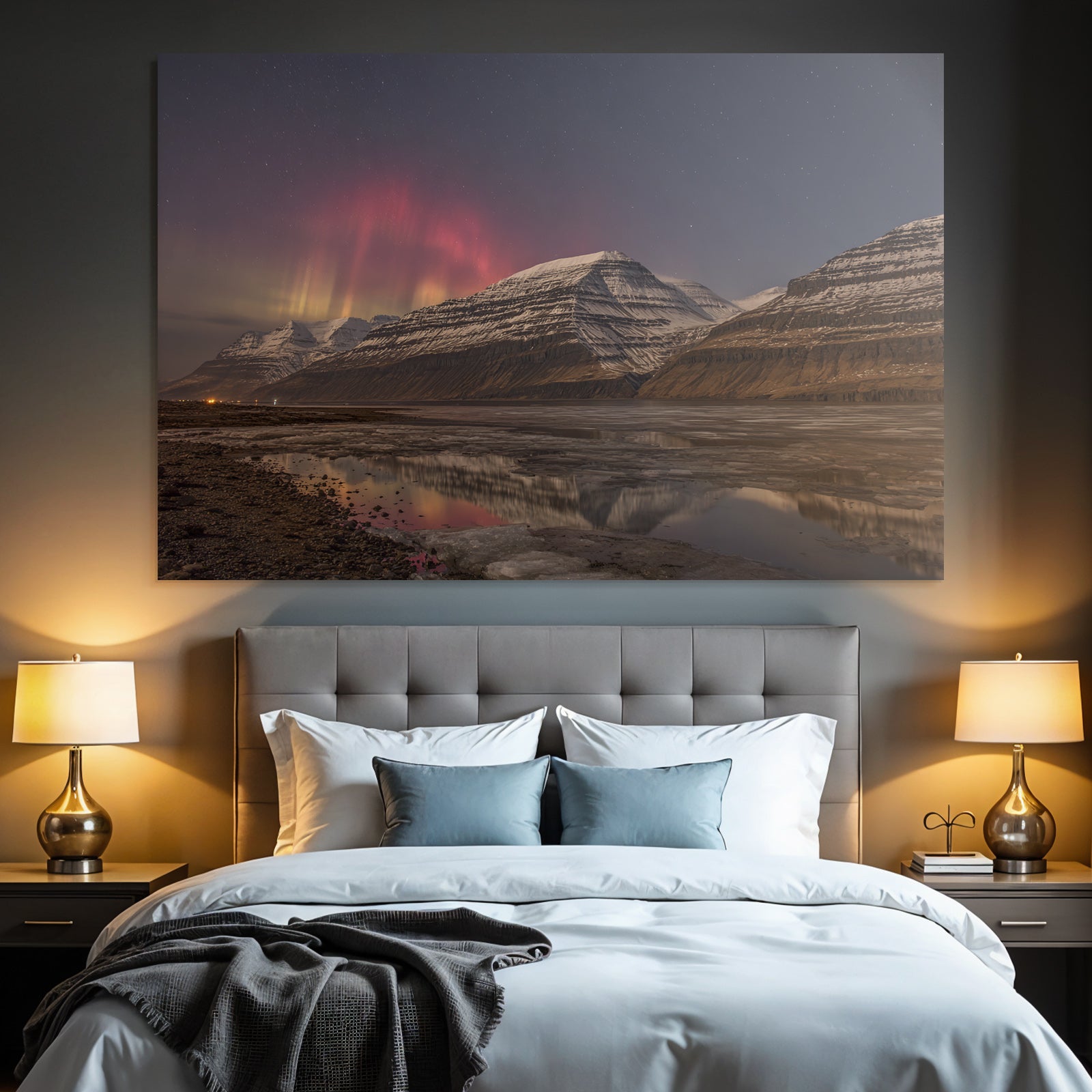 Polarlicht Schneebedeckte Berge Und Aurora Reflexion Im Nacht Himmel | Fjorde und Gletscher | Landschaften