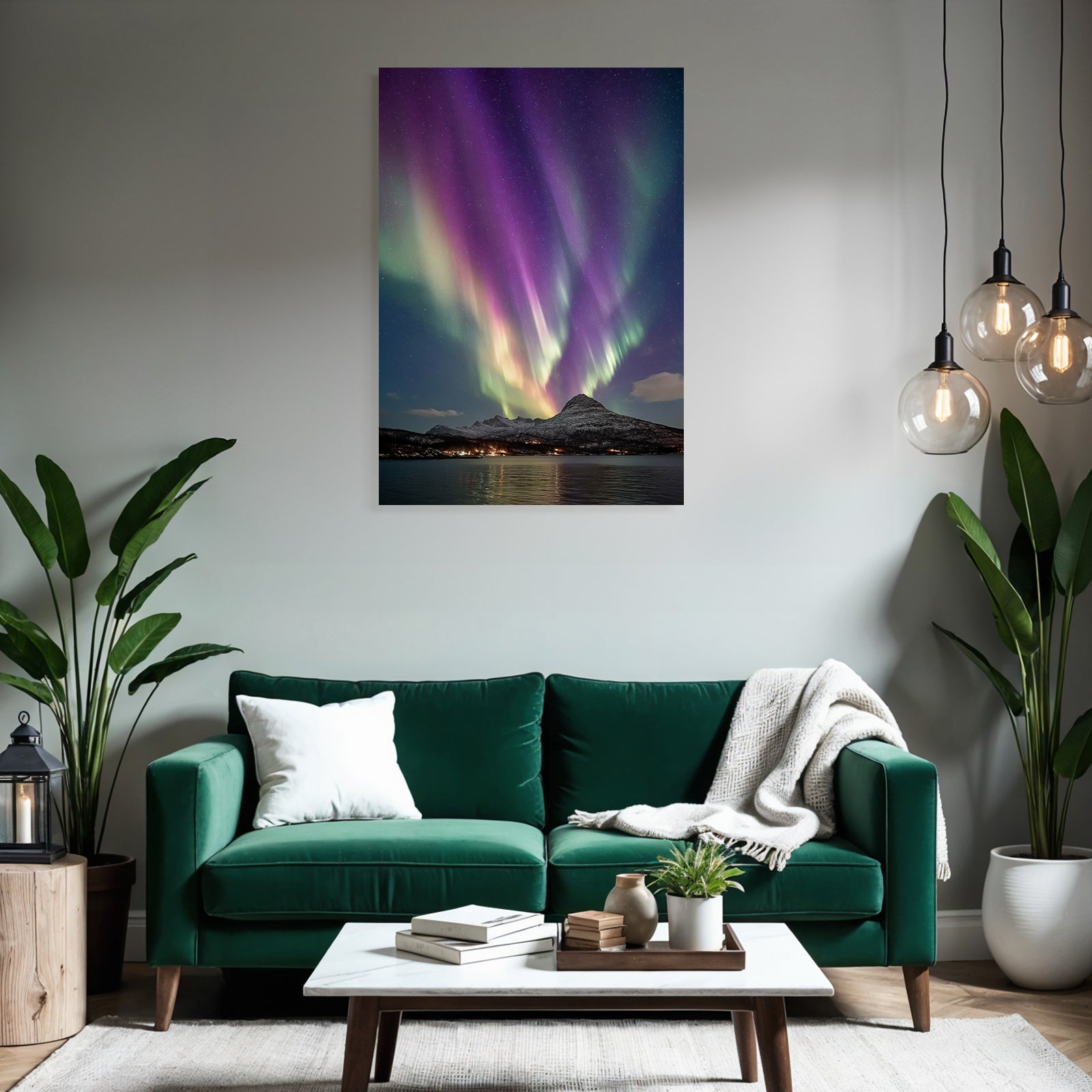 Polarlicht Nordlichlich Lichter Aurora Borealis Schneebedeckte Berge Und Wasser | Fjorde und Gletscher | Landschaften