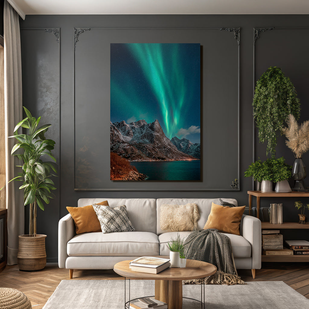 Polarlicht Schneebedeckte Berge Unter Aurora Borealis Nachtlandschaft | Fjorde und Gletscher | Landschaften