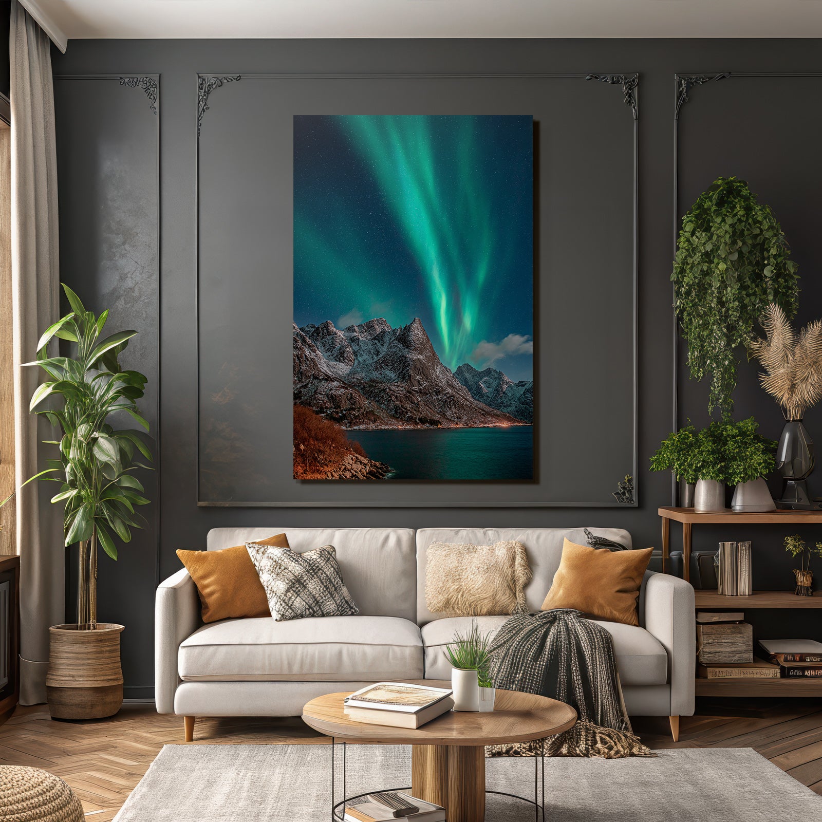 Polarlicht Schneebedeckte Berge Unter Aurora Borealis Nachtlandschaft | Fjorde und Gletscher | Landschaften