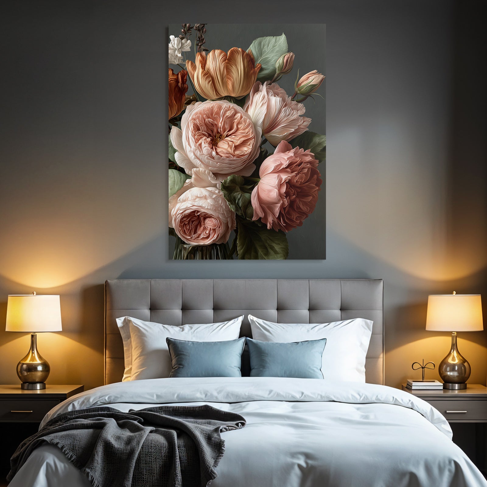 Warmes Rosen Und Tulpen Bouqüt Vor Dunklem Hintergrund