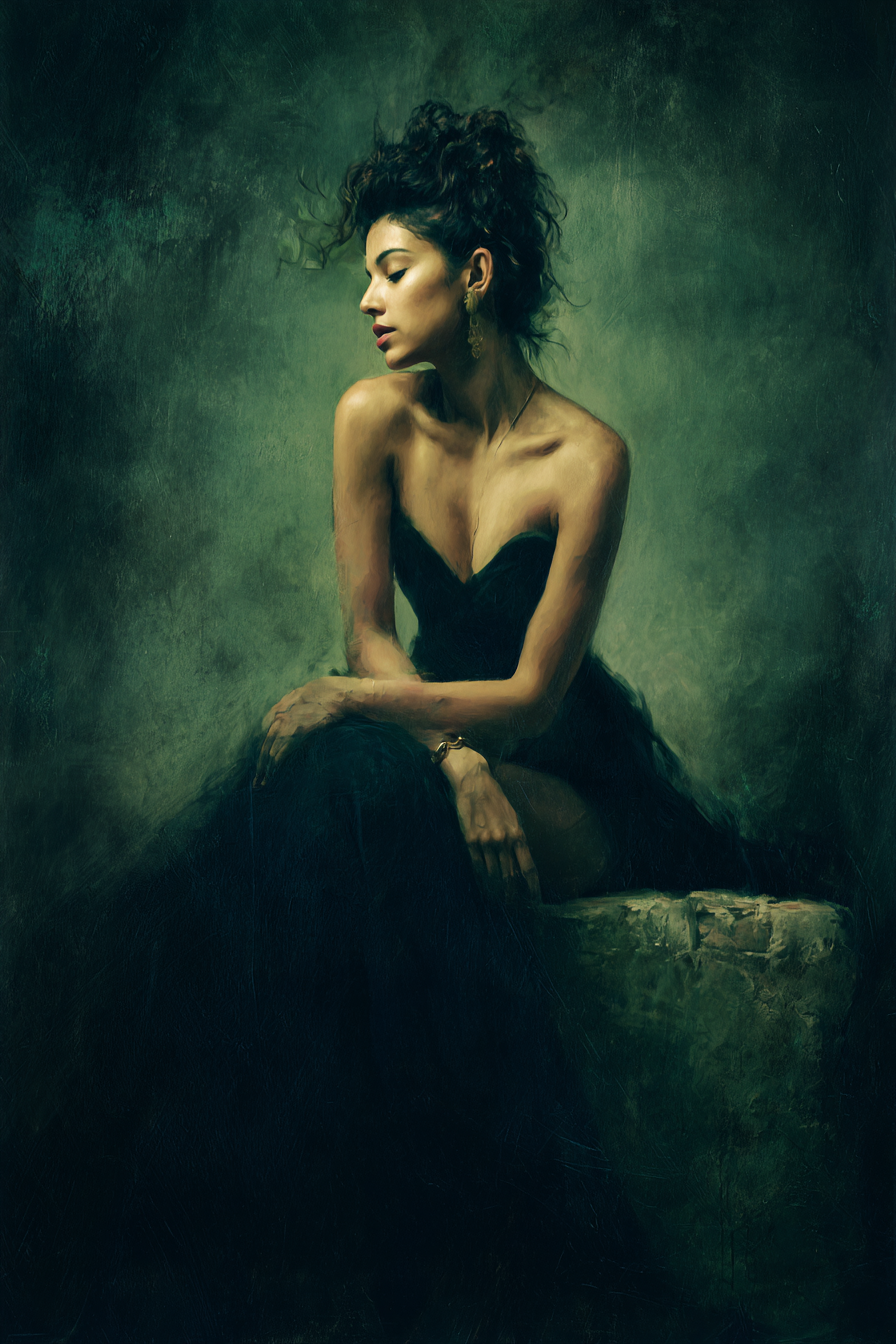 Dunkles Kleid Sitzende Frau Moody Atmosphäre | Aktkunst und Sinnlichkeit | Menschen und Emotionen