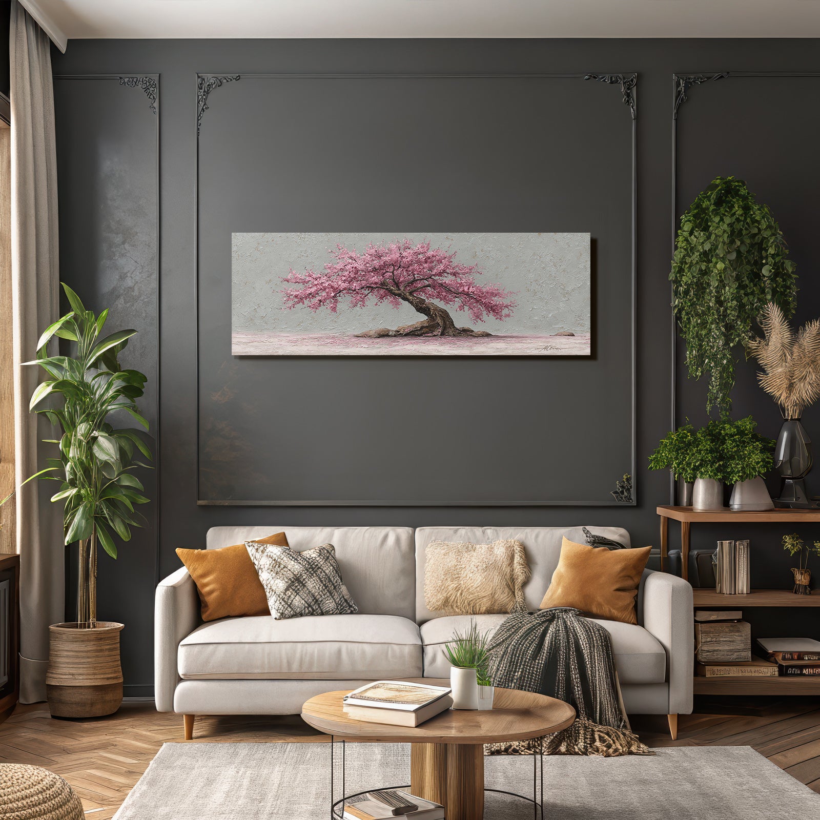 Schöner Baum Mit Rosa Blüten Auf Graüm Hintergrund