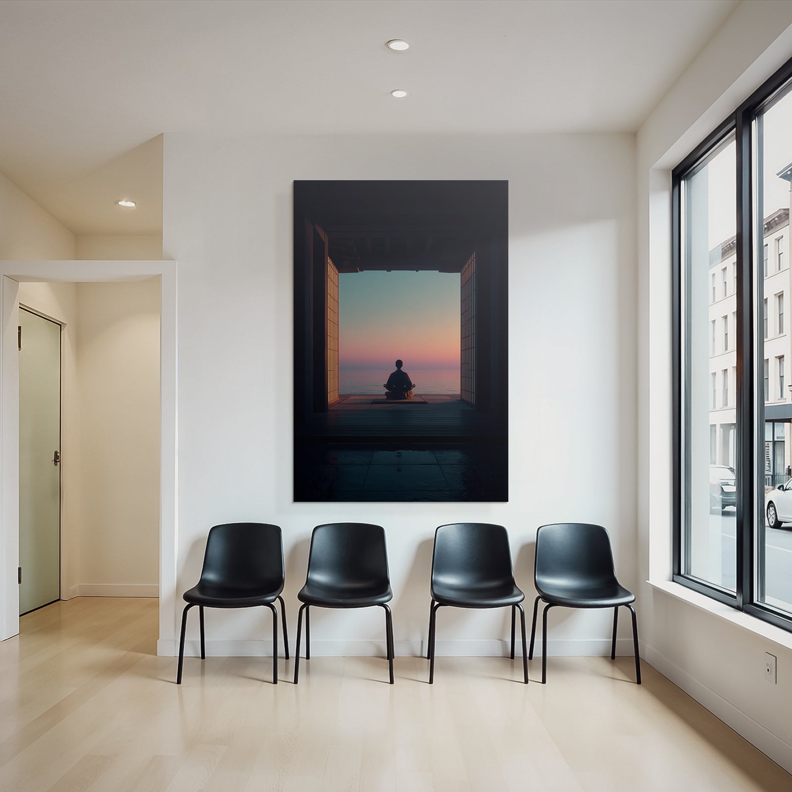 Yoga Meditation Ruhige Szene Person Meditiert See Horizont Sonnenuntergang Japanisches Design | Yoga und Meditation | Themen und Hobbys