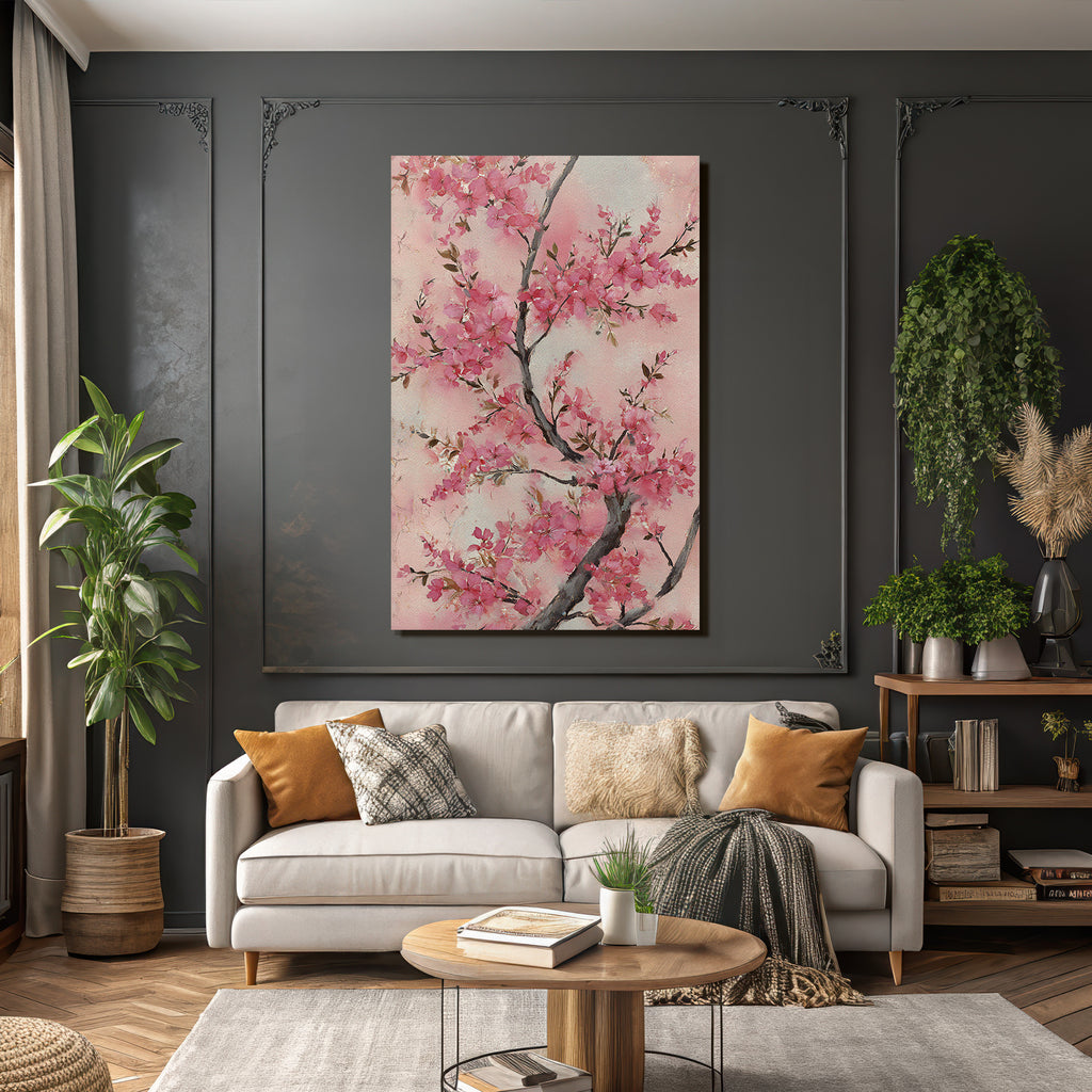 Aquarellbild Kirschblütenzweig In Rosa
