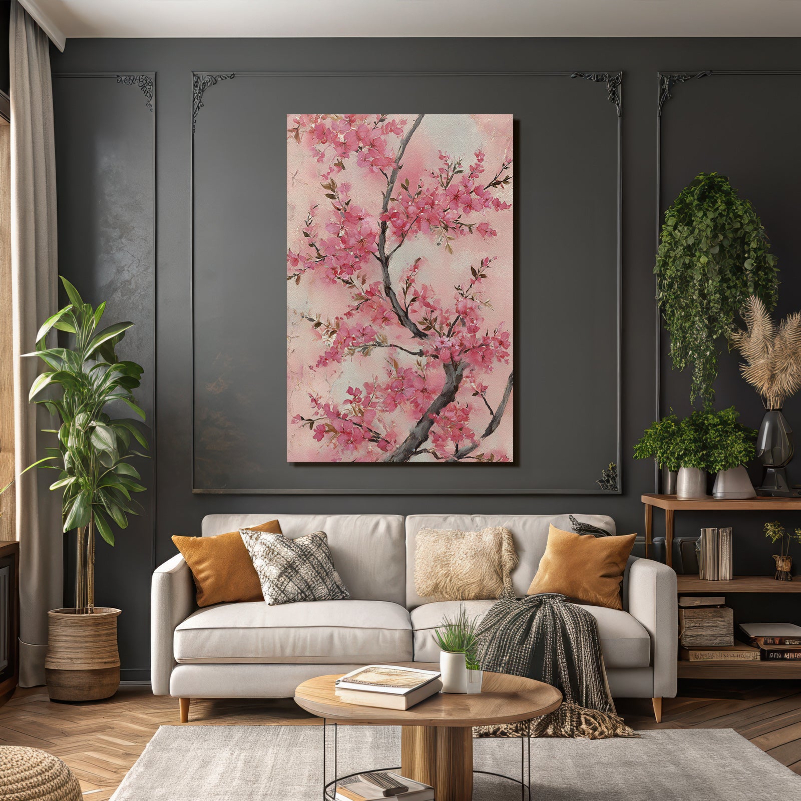 Aquarellbild Kirschblütenzweig In Rosa