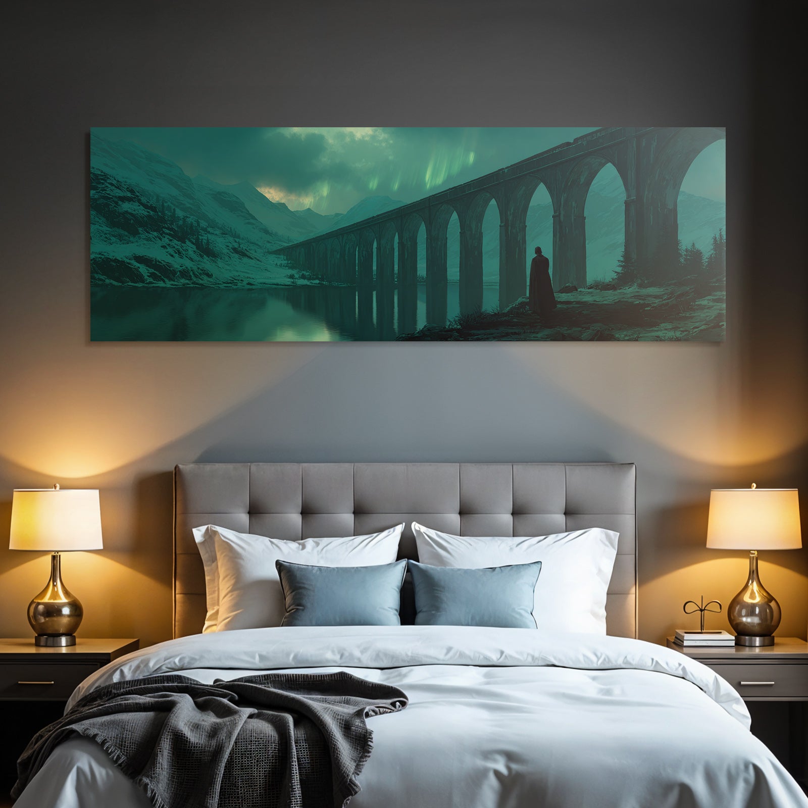 Polarlicht Digital Kunstlandschaft Mit Brücke Und Nordlichtern | Fjorde und Gletscher | Landschaften