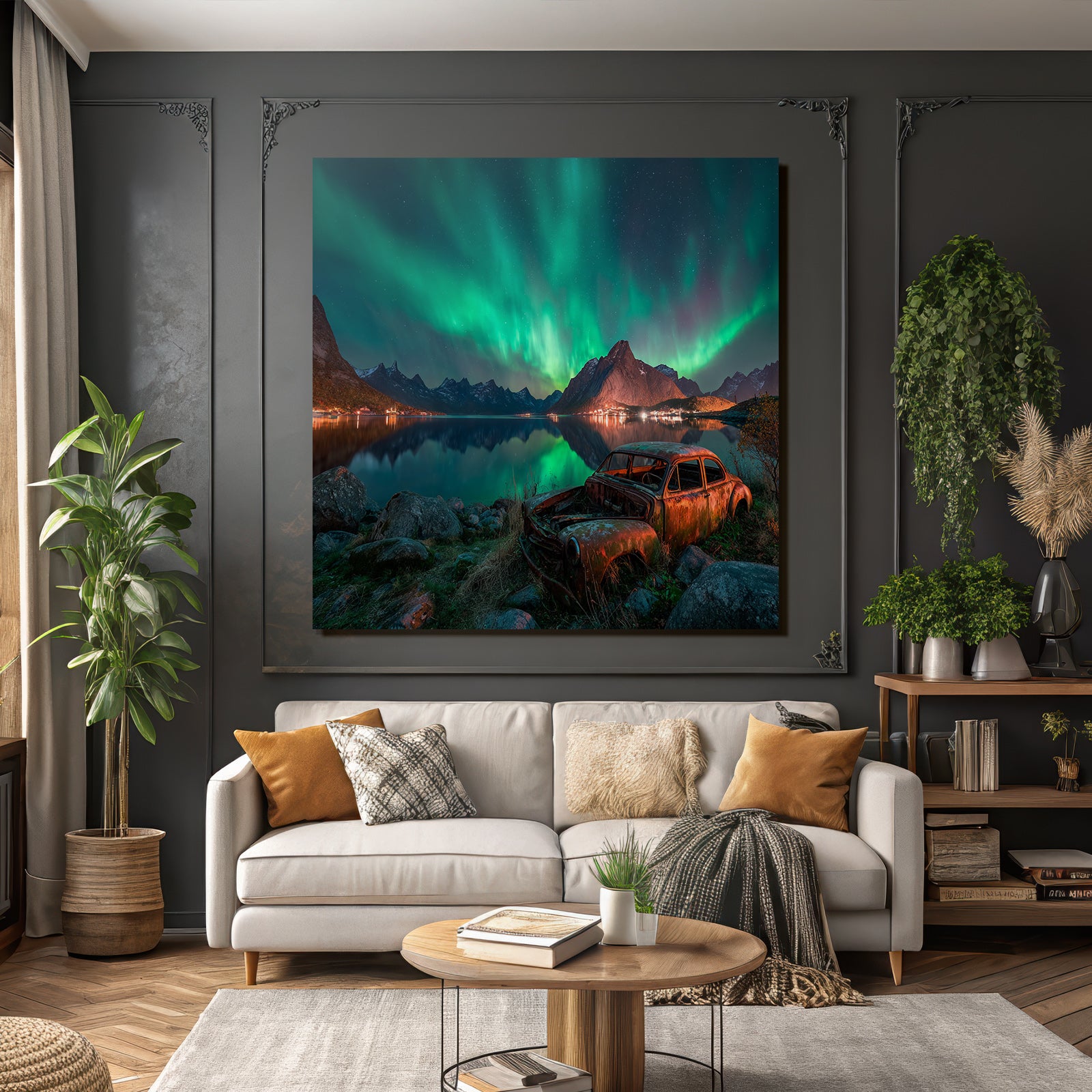 Polarlicht Nordlichter Und Rustiges Auto Am See Mit Bergen Im Hintergrund | Fjorde und Gletscher | Landschaften
