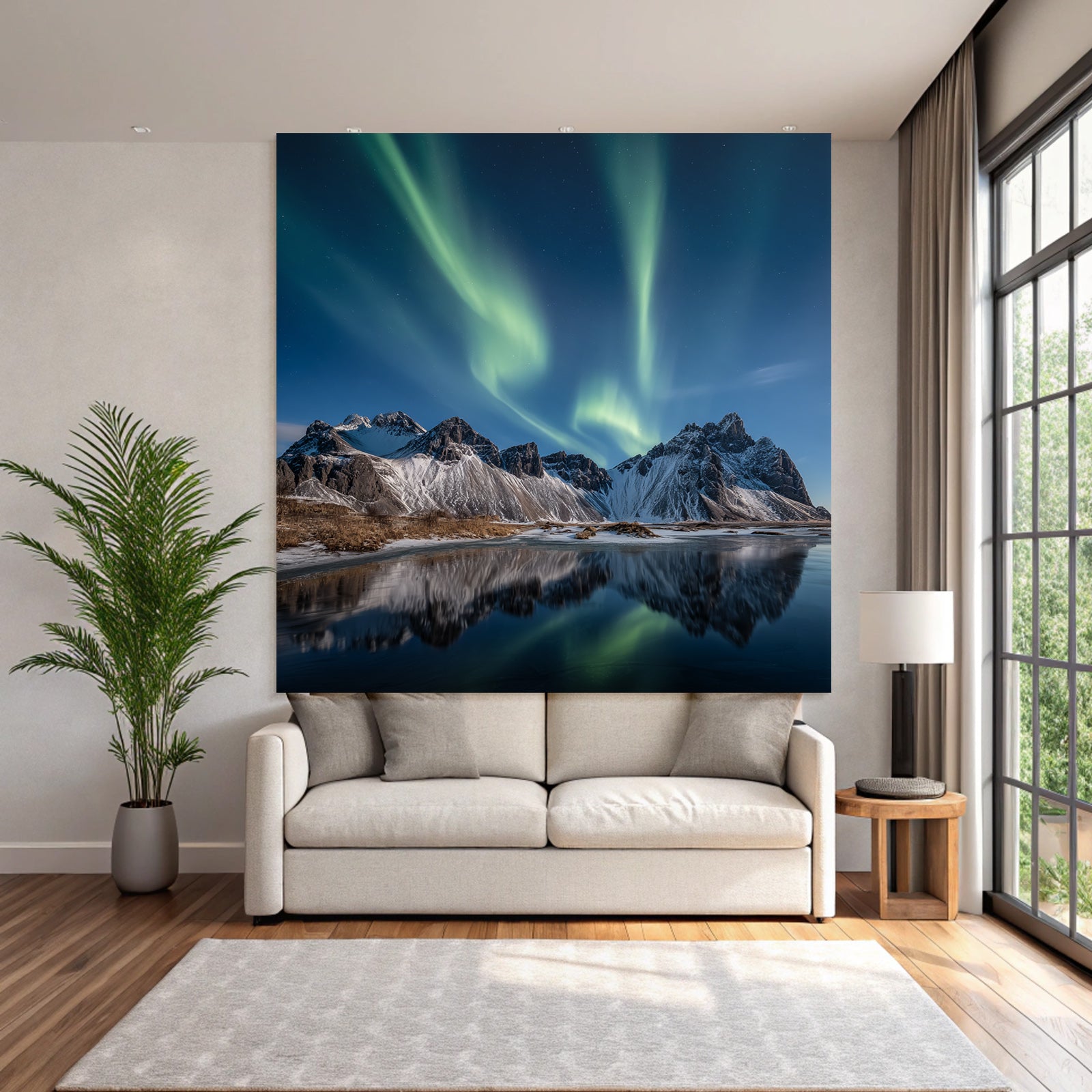Polarlicht Schneebedeckte Berge Und Nordlichter Auf Dem Wasser | Fjorde und Gletscher | Landschaften