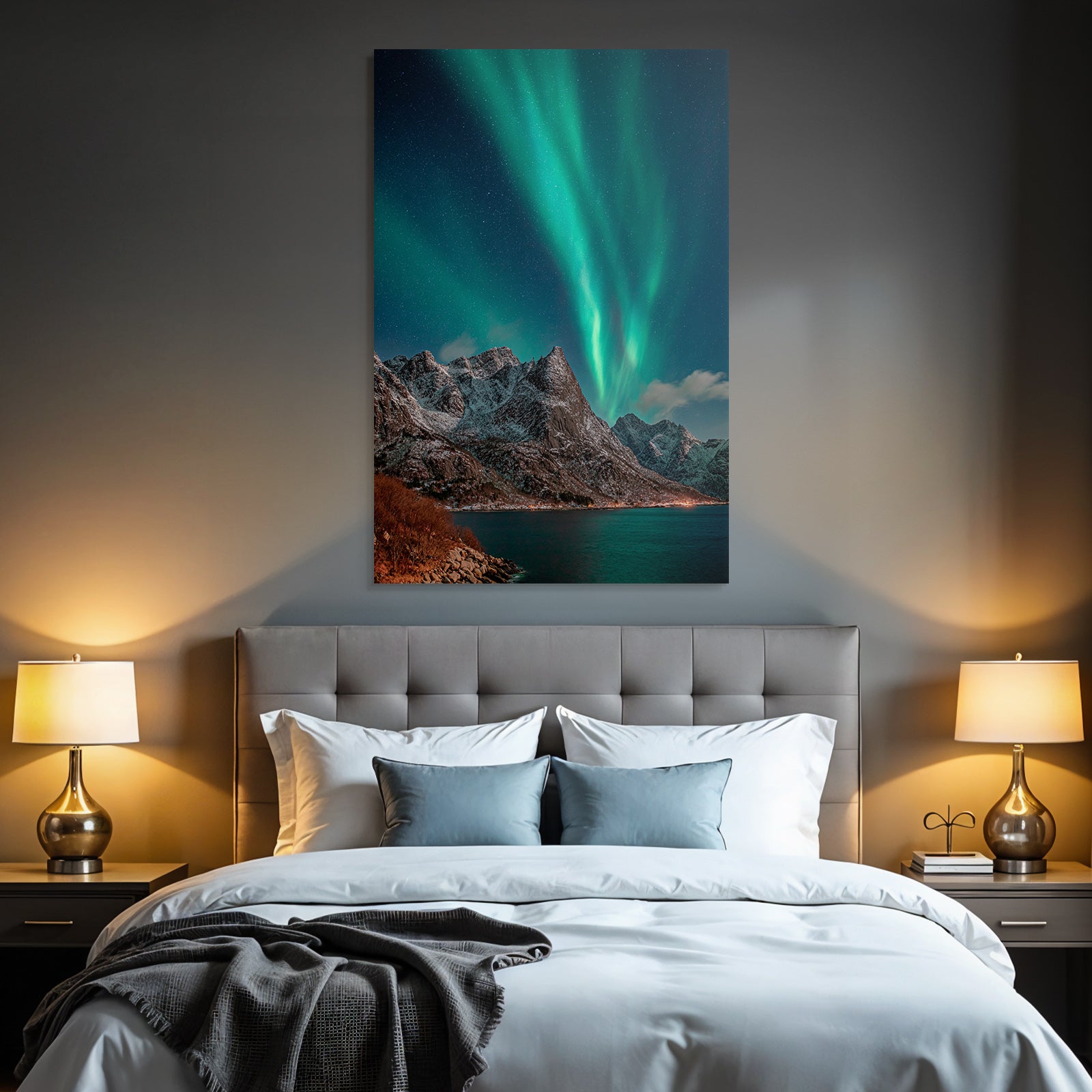 Polarlicht Schneebedeckte Berge Unter Aurora Borealis Nachtlandschaft | Fjorde und Gletscher | Landschaften