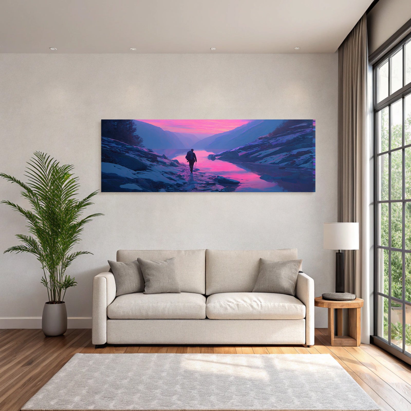 Polarlicht Ruhige Landschaft Mit Person Am Steinigen Ufer Bei Sonnenaufgang Oder Sonnenuntergang | Fjorde und Gletscher | Landschaften