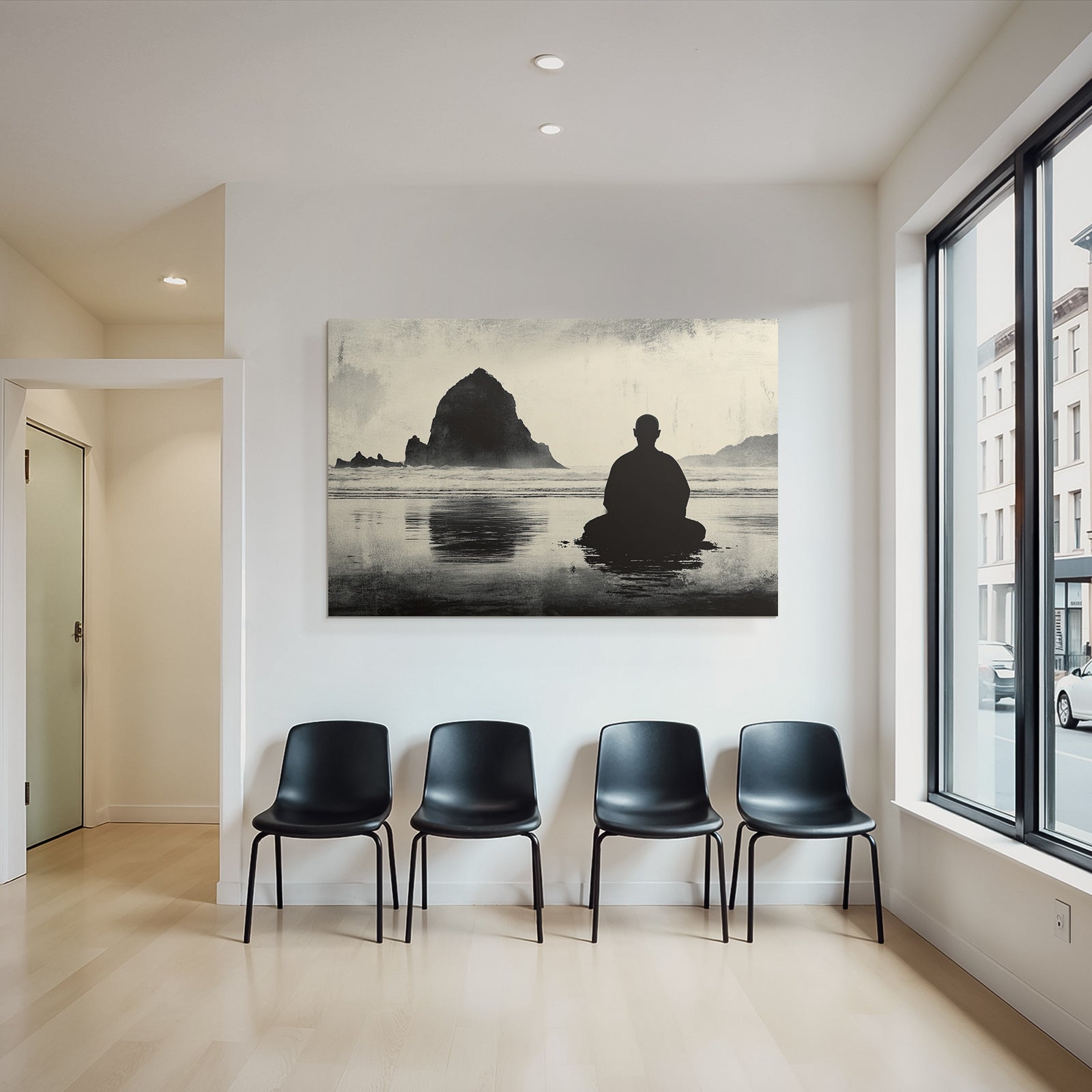 Yoga Meditation Meditierende Person Am Ozean Mit Felseninsel Hintergrund Ruhige Stimmung | Yoga und Meditation | Themen und Hobbys