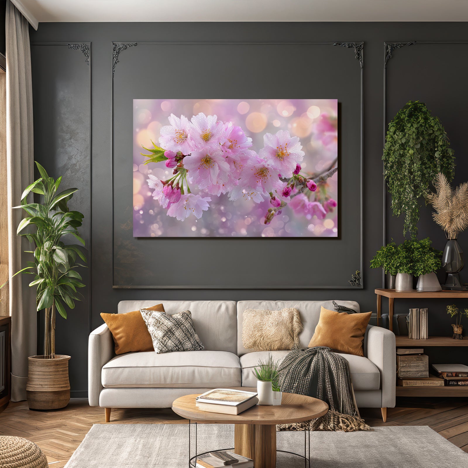 Zarte Kirschblüten Mit Tautropfen Und Träumerischem Bokeh