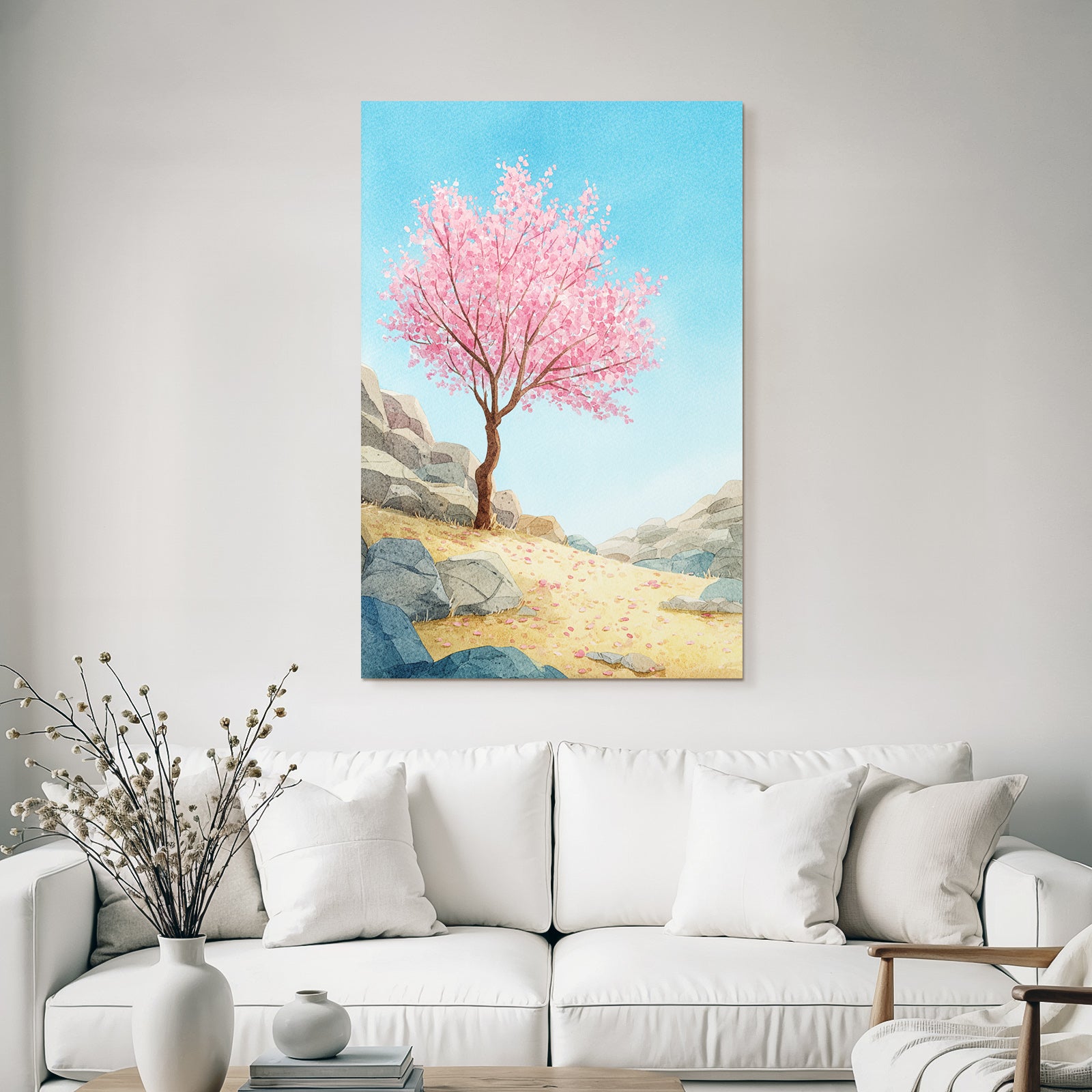 Kirschblütenbaum Landschaft Mit Felsen Und Sand Im Aquarellstil