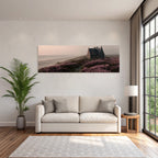Küstenszene Vintage Haus Strand Lila Blumen Sonnenaufgang Unscharf | Duenen und Heide | Landschaften