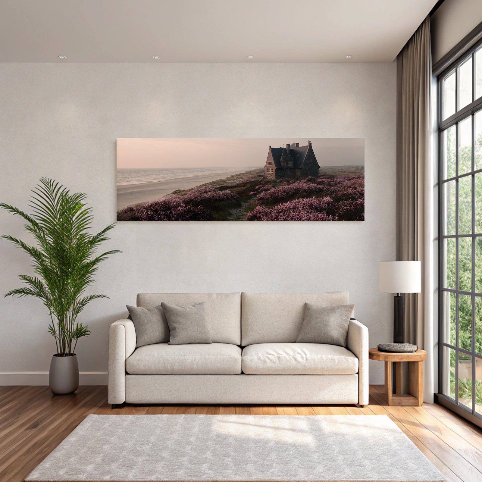 Küstenszene Vintage Haus Strand Lila Blumen Sonnenaufgang Unscharf | Duenen und Heide | Landschaften