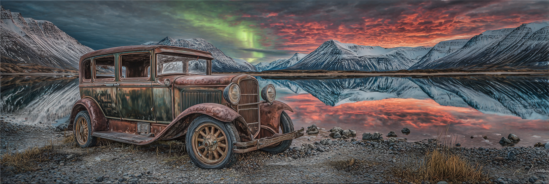 Polarlicht Vintage Auto Rockige Küste Sonnenaufgang Nordlichter | Fjorde und Gletscher | Landschaften