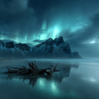 Polarlicht Dramatische Berge Nacht Himmel Aurora Borealis Spiegelung Strand | Fjorde und Gletscher | Landschaften
